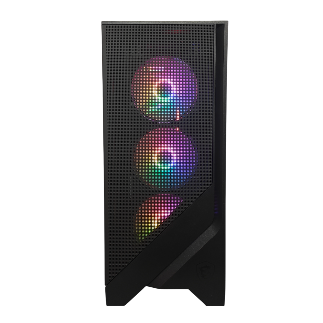 Case nero con tre ventole illuminate e pannello frontale a rete con colori arcobaleno.