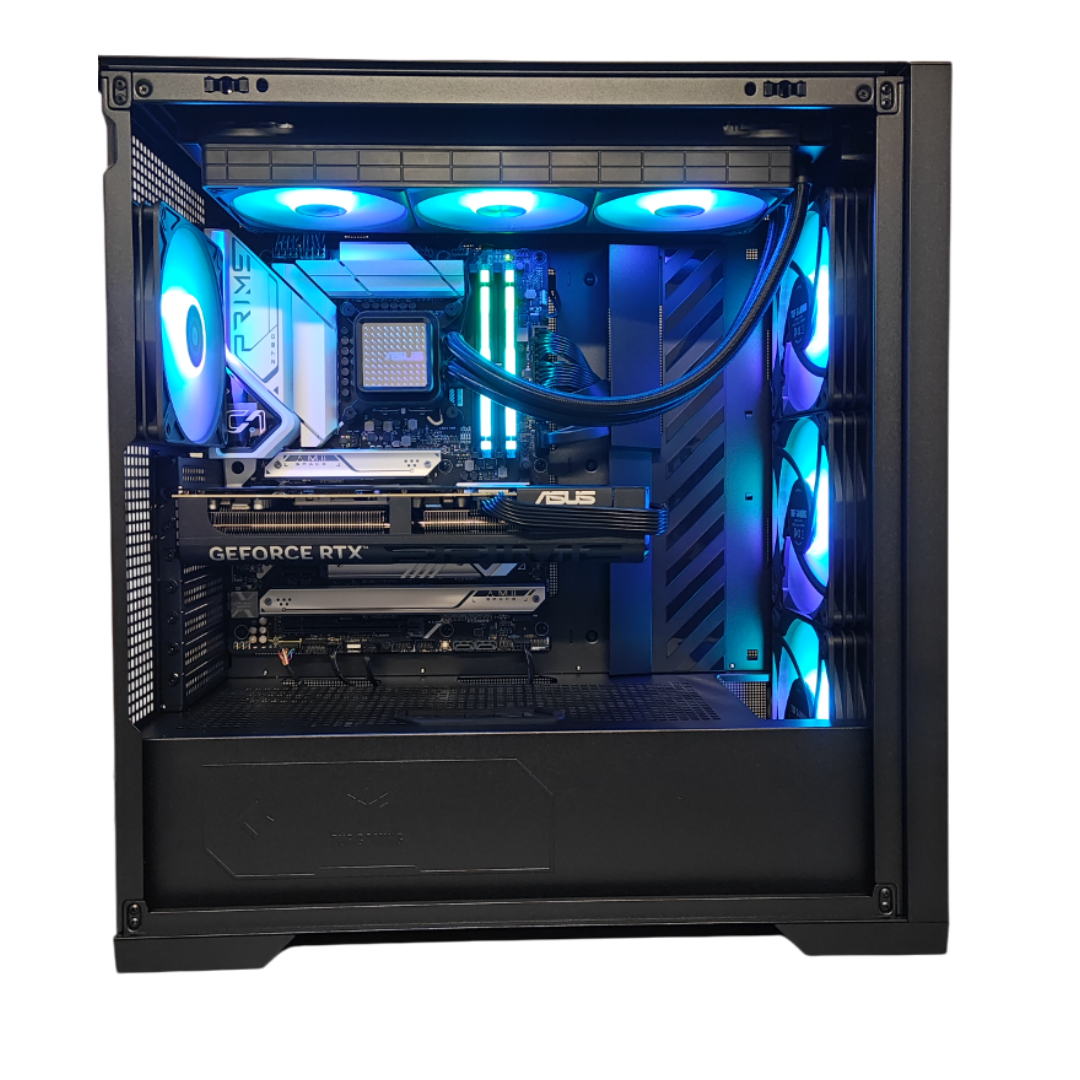 Case PC aperto con ventole luminose, scheda madre, scheda grafica e altri componenti. Colori: blu e bianco.