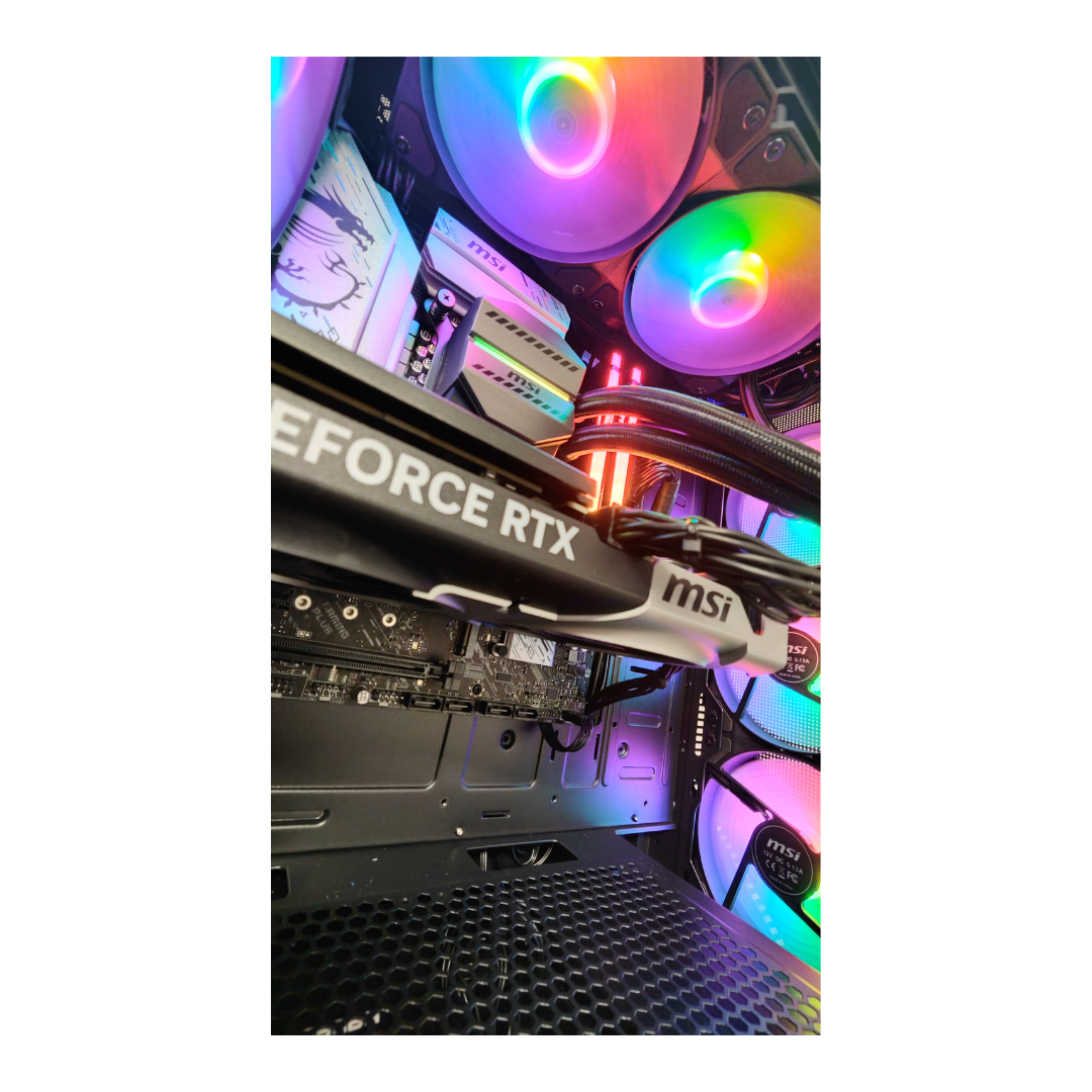 Interno PC con ventole luminose, scheda grafica e altri componenti. Colori: arcobaleno e bianco.
