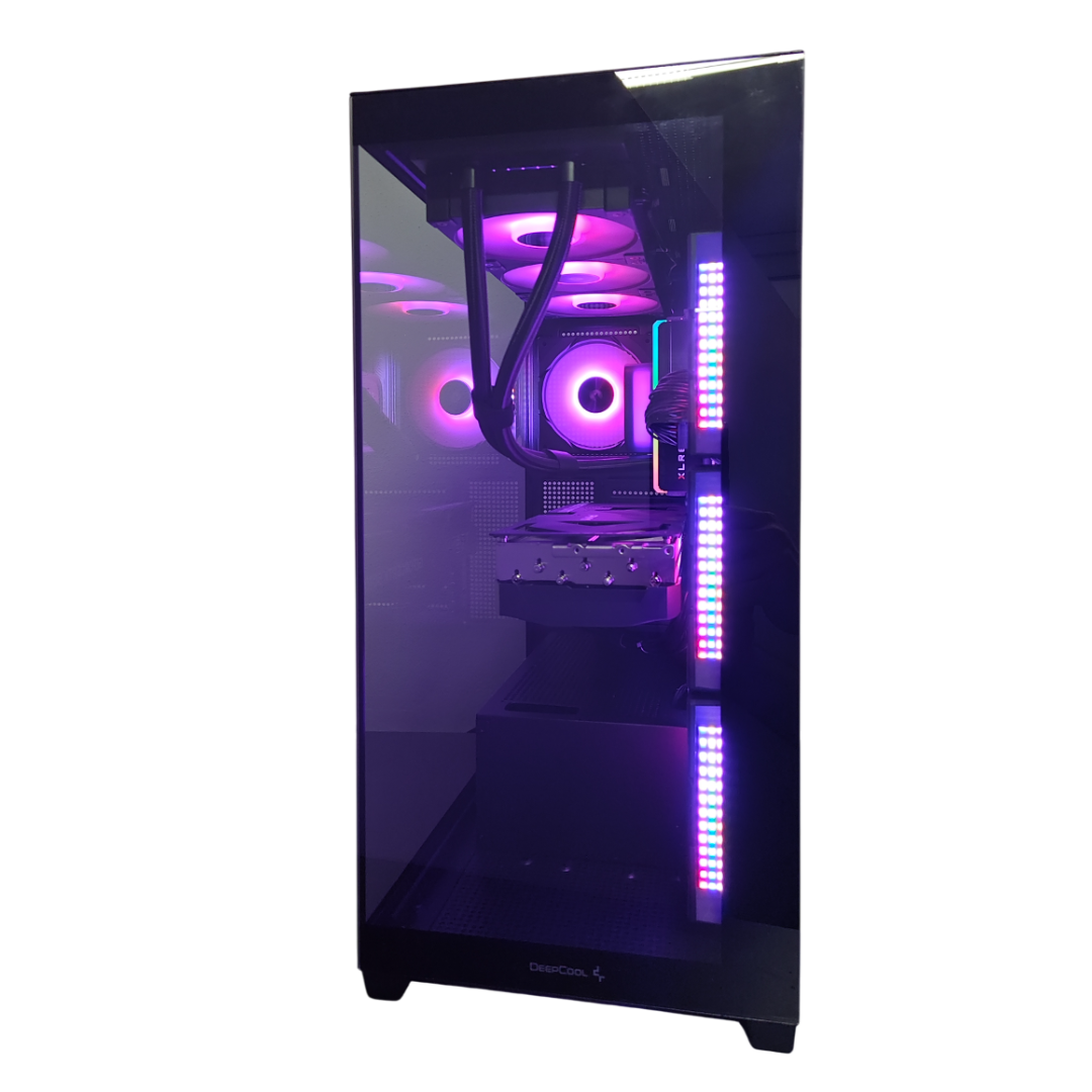 Case per computer nero con pannello laterale in vetro, che mostra i componenti interni e l'illuminazione viola.