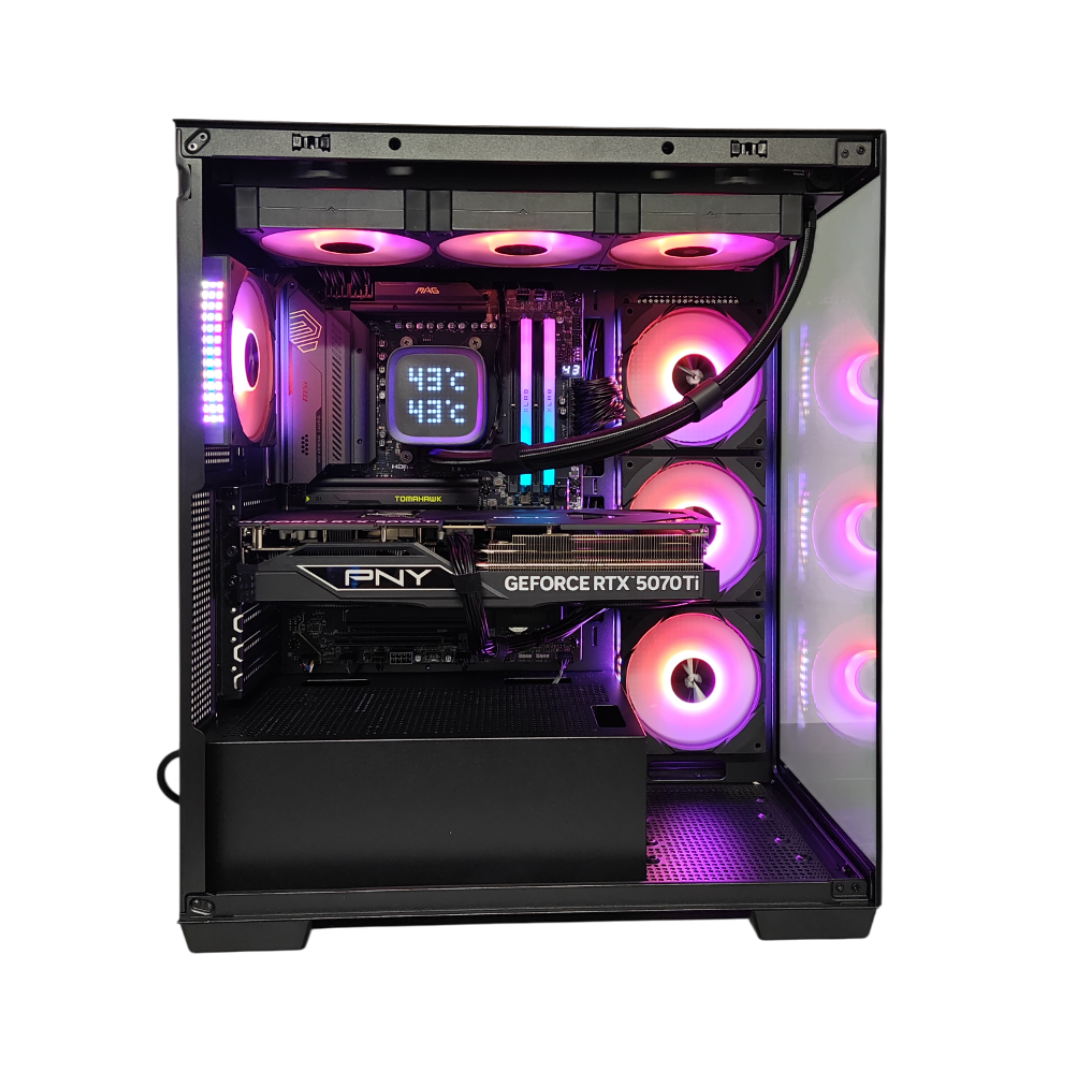 Case per computer con componenti visibili, tra cui una scheda grafica, ventole e illuminazione interna.