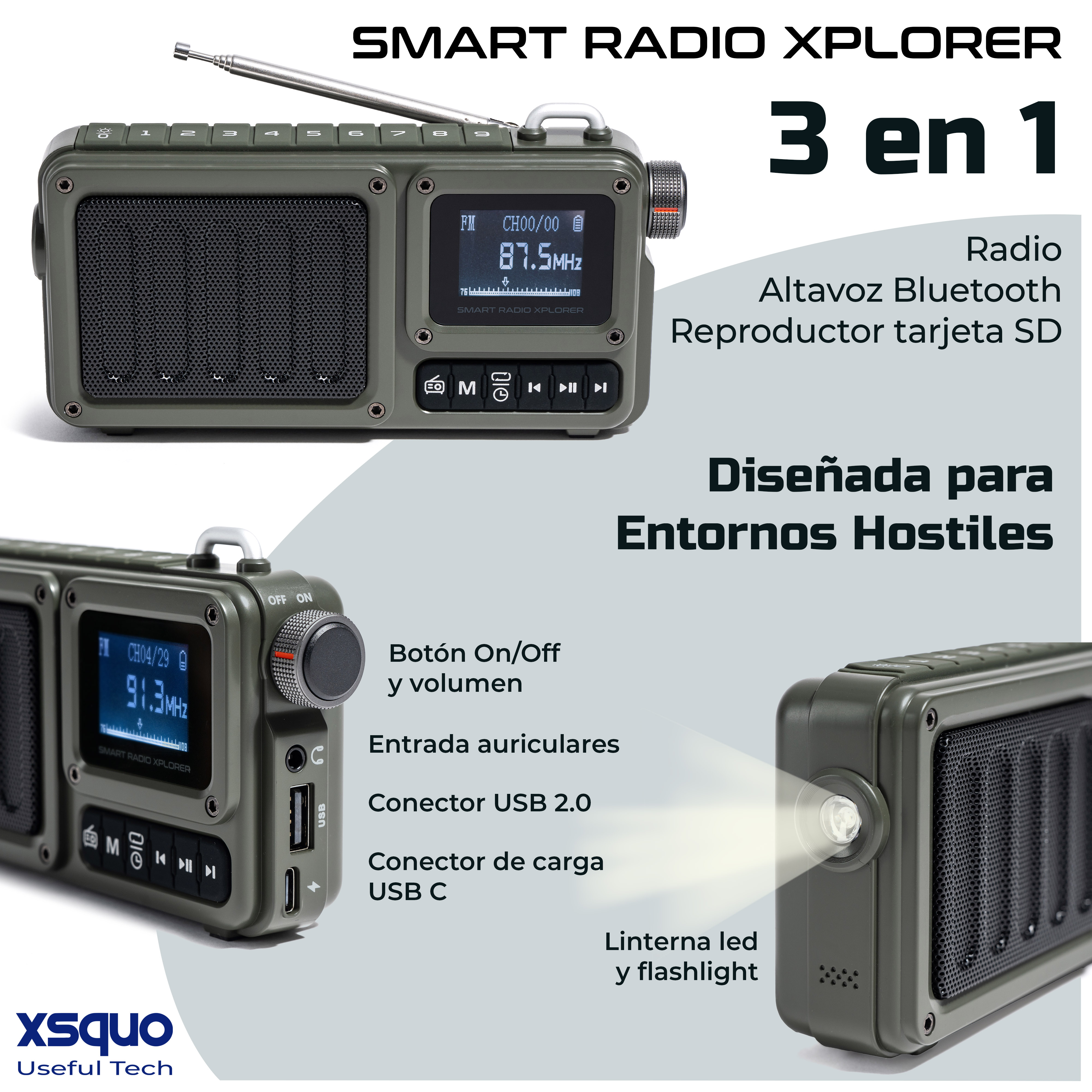 Radio verde. Texto 'SMART RADIO XPLORER', '3 en 1'. Funciones: botones, antena, puertos USB. Texto en español.