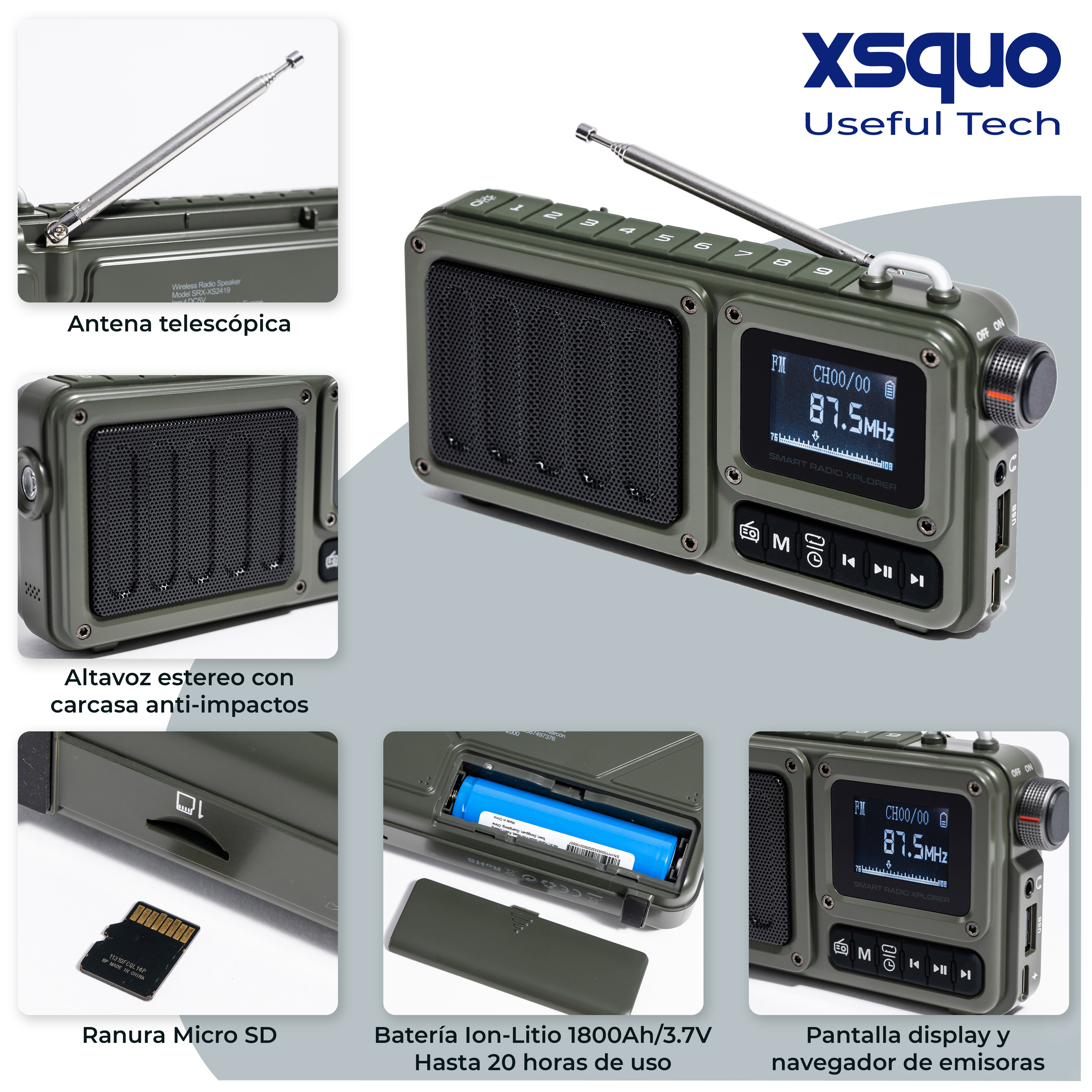 Radio verde con antena, pantalla y botones. Muestra altavoz, ranura SD, batería y otros detalles.