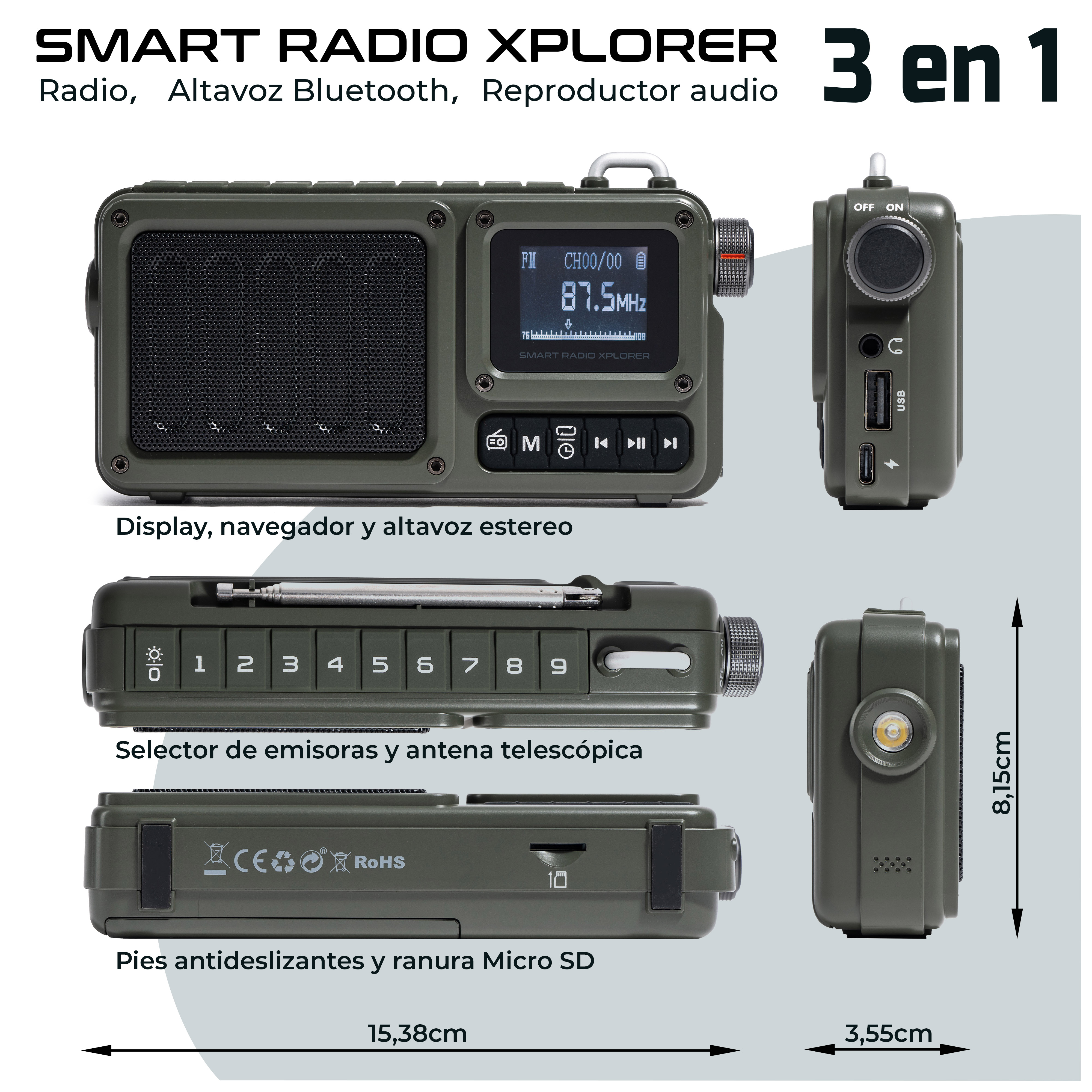 Smart Radio Xplorer se muestra desde múltiples ángulos. La radio tiene una pantalla.