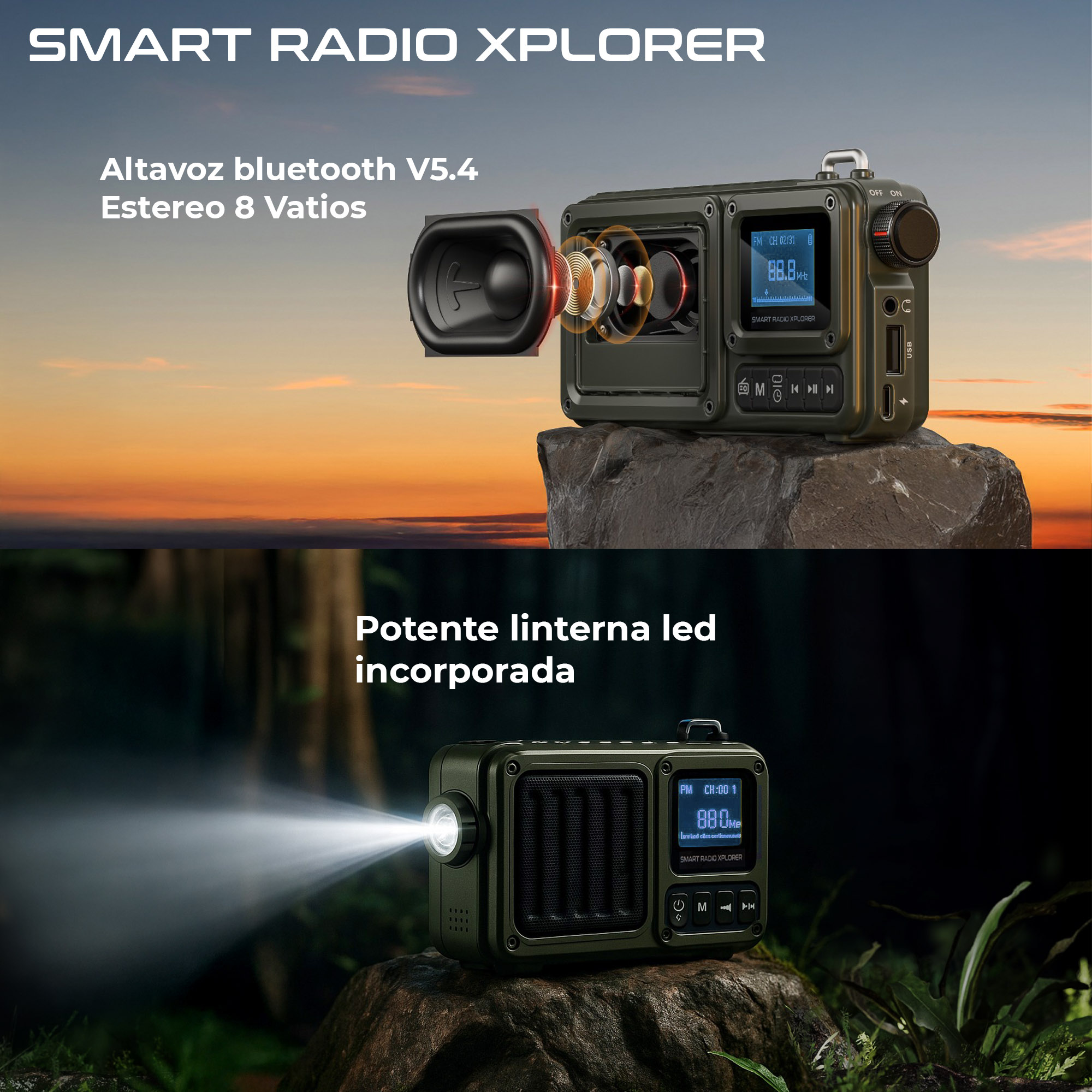 Se muestra un Smart Radio Xplorer con un altavoz y una pantalla.