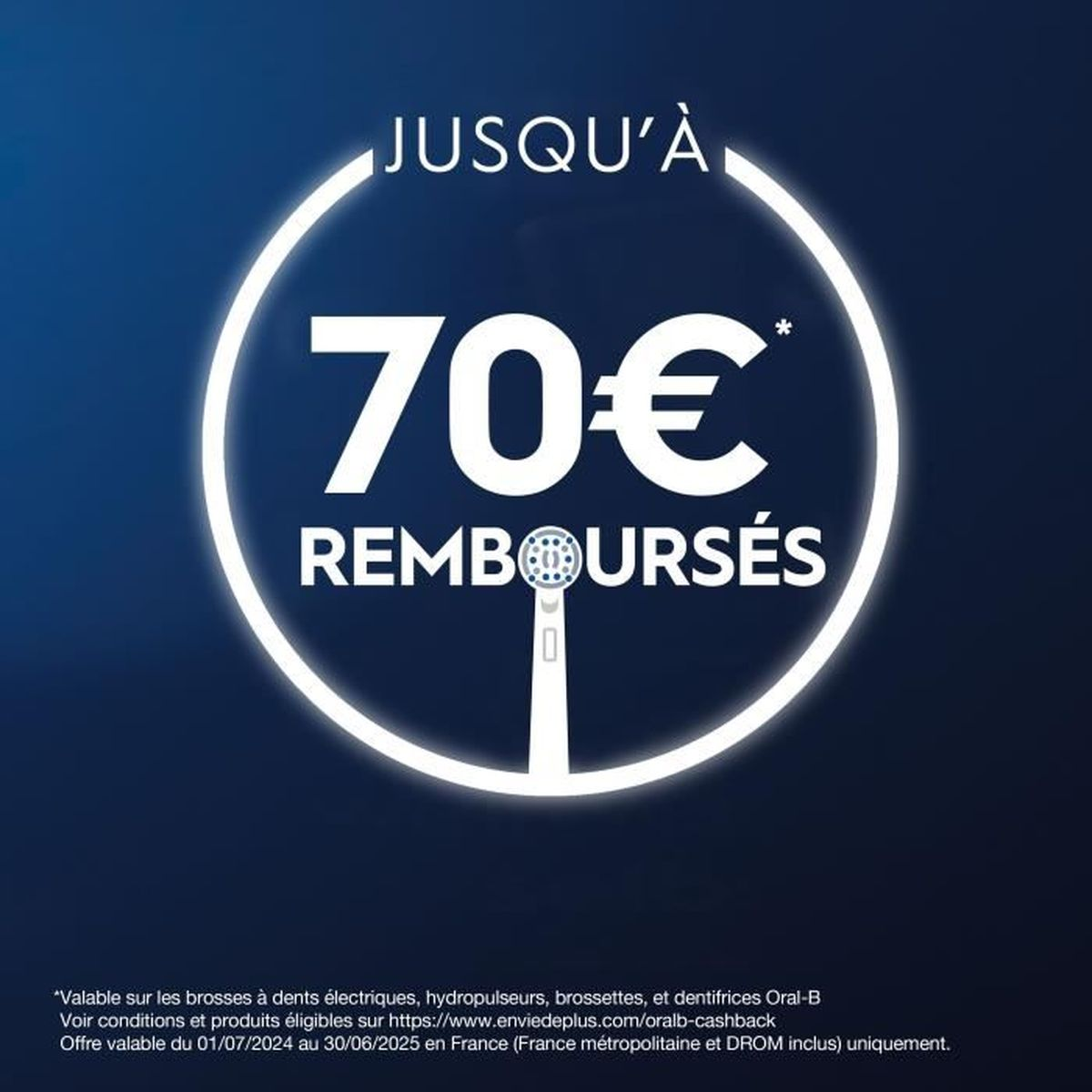 Weißer Kreis mit 'Jusqu'à 70€ remboursés' und einer Zahnbürstengrafik auf blauem Hintergrund.