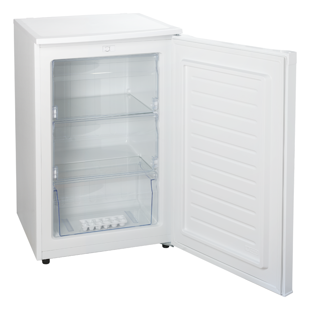 Congelador JOCEL blanco abierto con tres cajones transparentes y una bandeja para cubitos de hielo sobre una superficie neutra.