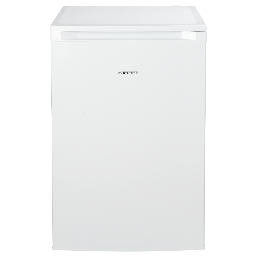 Un congelador JOCEL blanco, vista frontal, presenta un diseño limpio y minimalista sobre una superficie neutra.