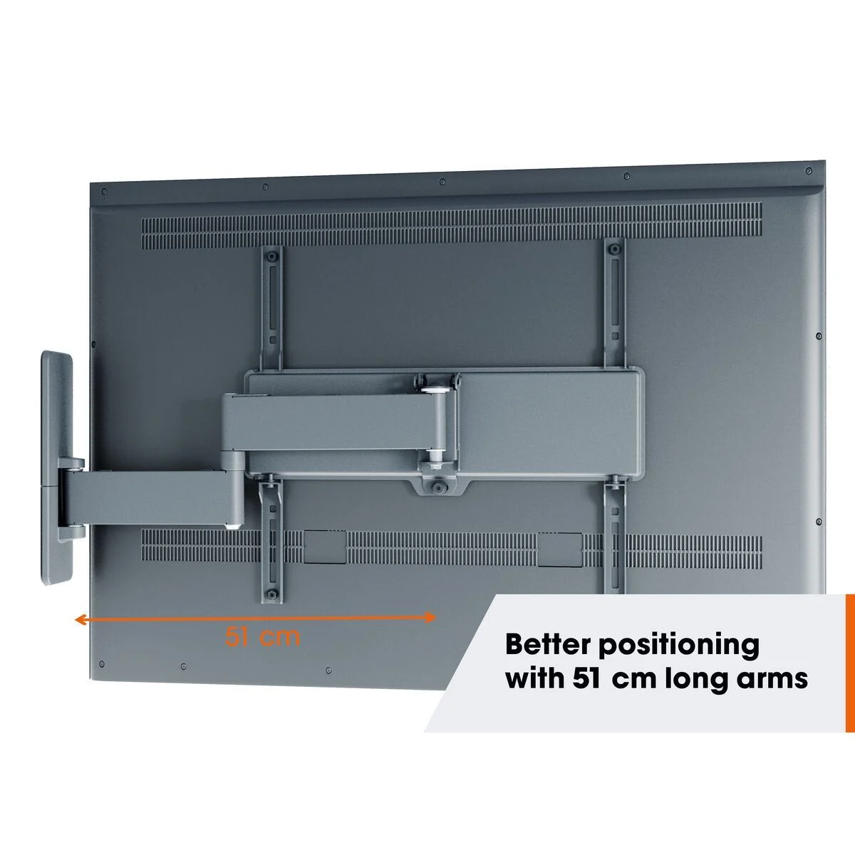 Gray TV mounted with long arms for positioning, showing 51 cm length for better placement.