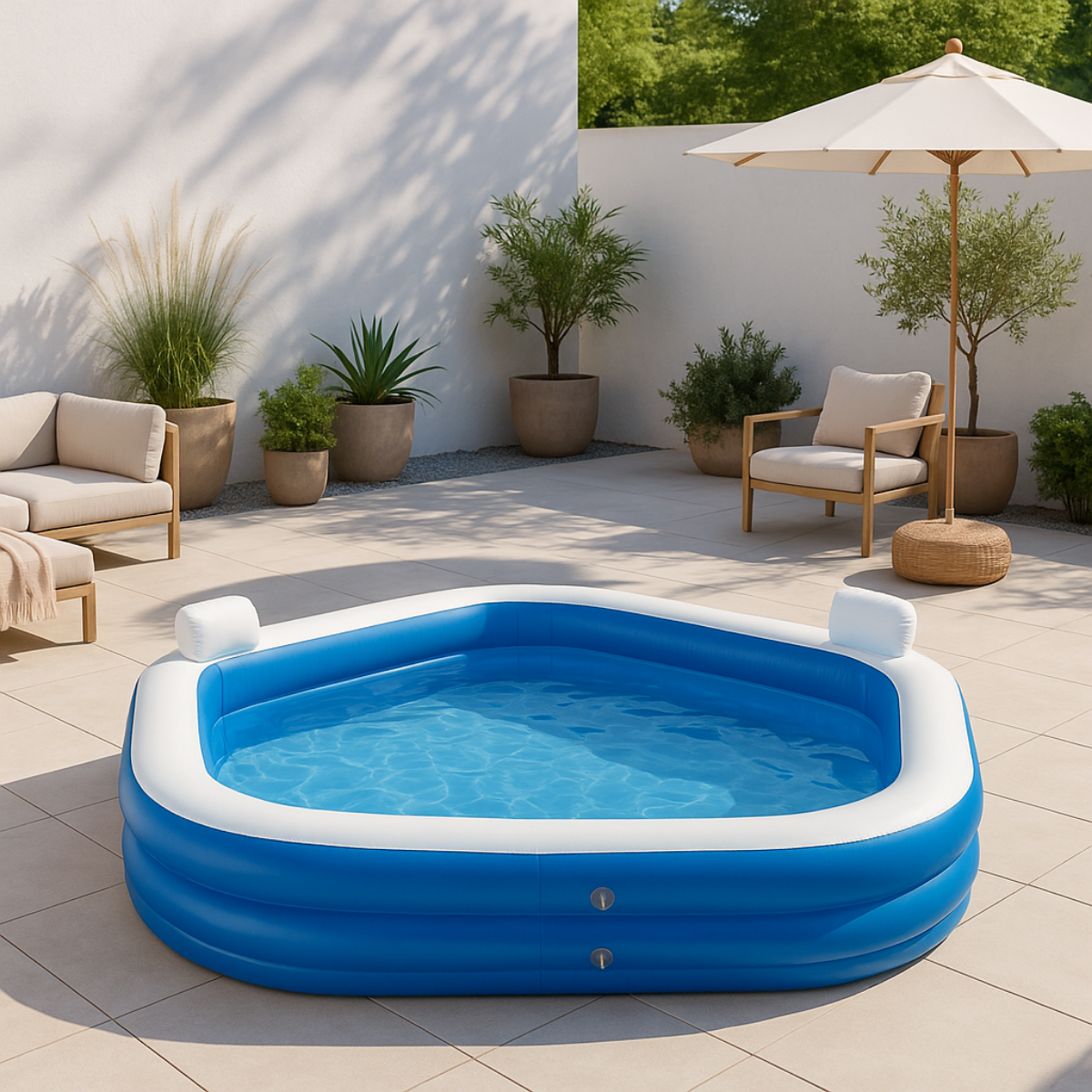 Een blauw en wit zwembad in een achtertuin met een parasol en planten.