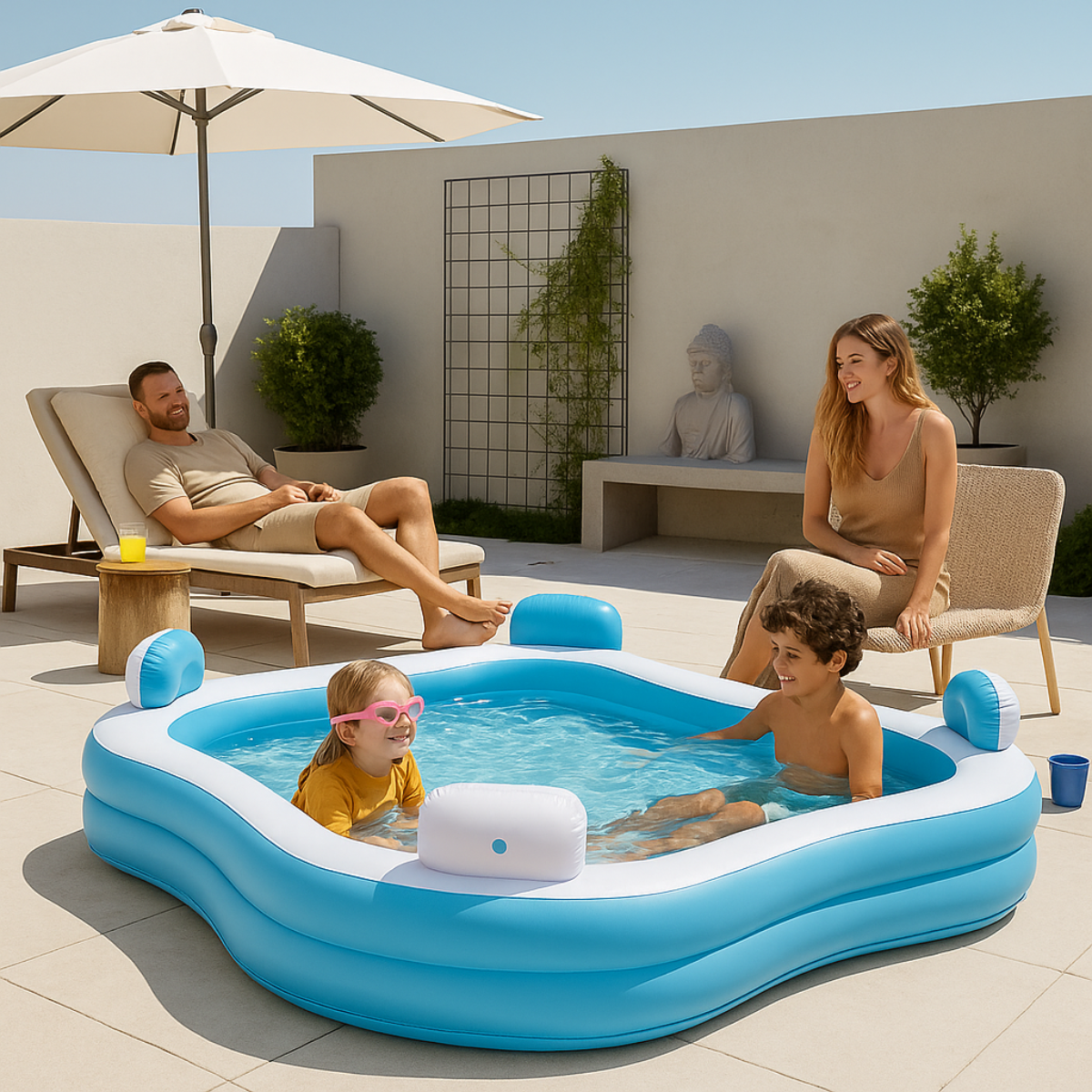 Familie geniet van een zonnige dag. Kinderen spelen in een blauw zwembad. Volwassenen ontspannen op stoelen, een onder een parasol.
