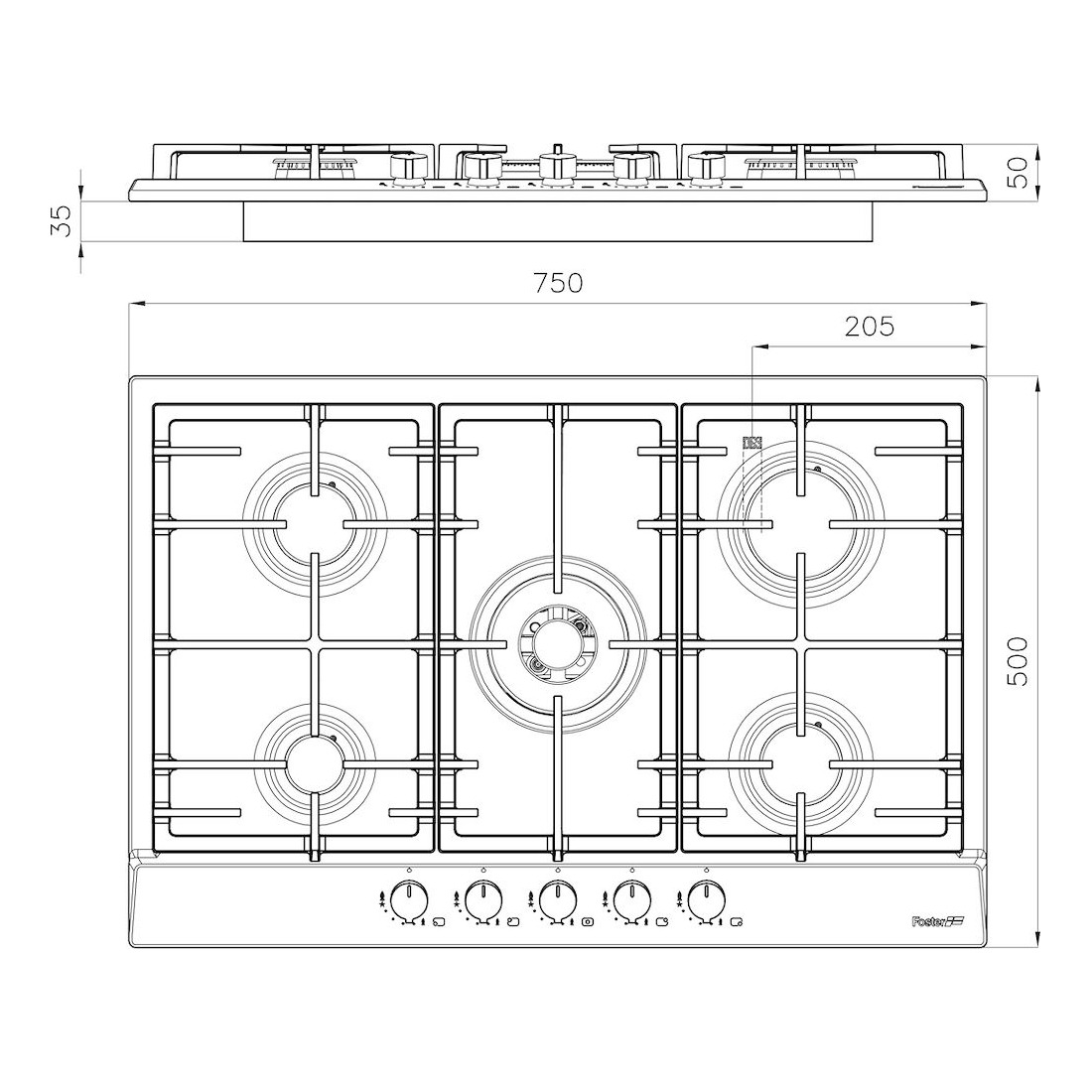 Schemat gazowej płyty grzejnej z wymiarami. Ma pięć palników, pokrętła i logo marki.