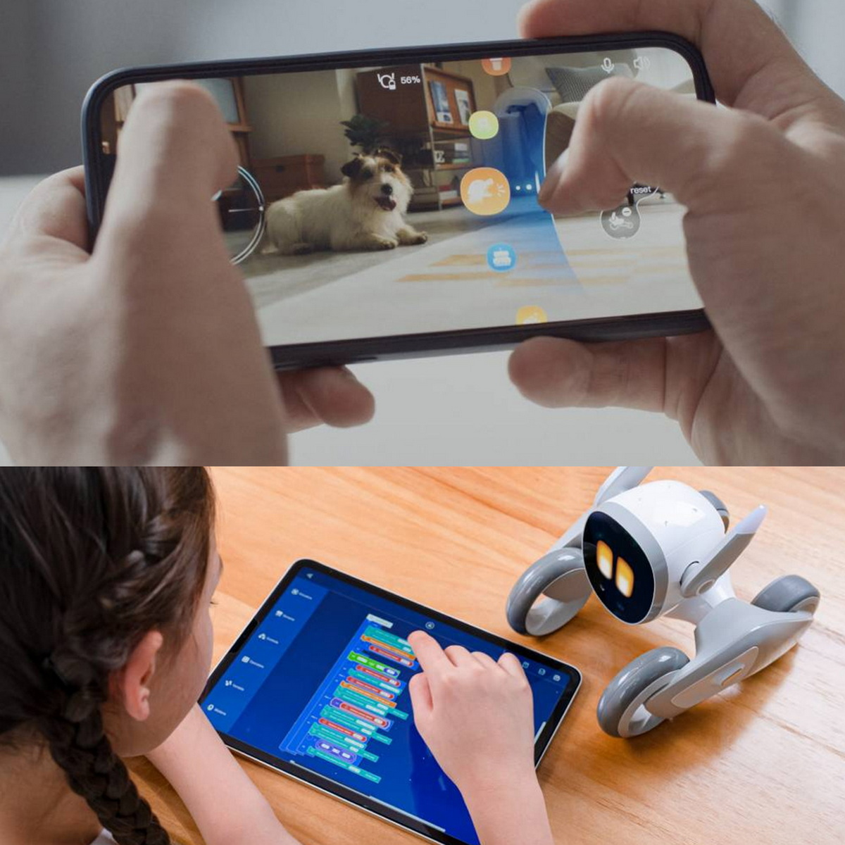 Dos pantallas muestran un perro y una aplicación de codificación. Un robot de juguete está sobre una mesa.