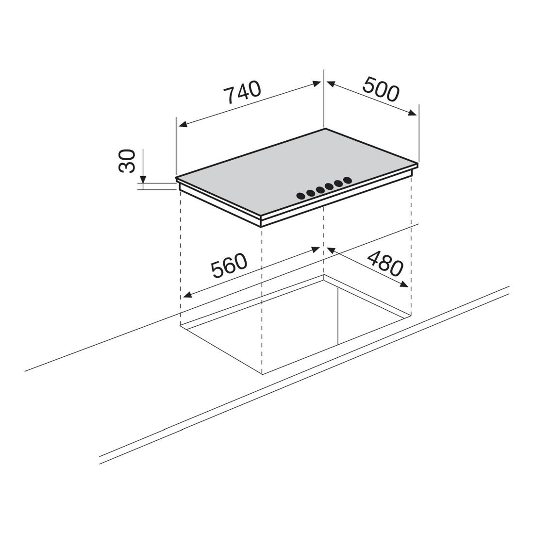 Un diagrama muestra las dimensiones para un recorte de encimera en una encimera. El fondo es blanco.