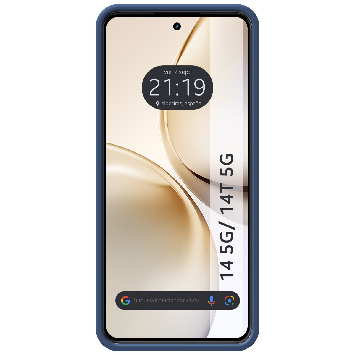 Telefono, custodia blu. Lo schermo mostra ora, posizione e design astratto.