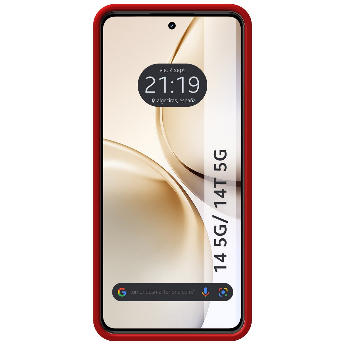 Un telefono in una custodia rossa, che mostra un orologio e l'ora.