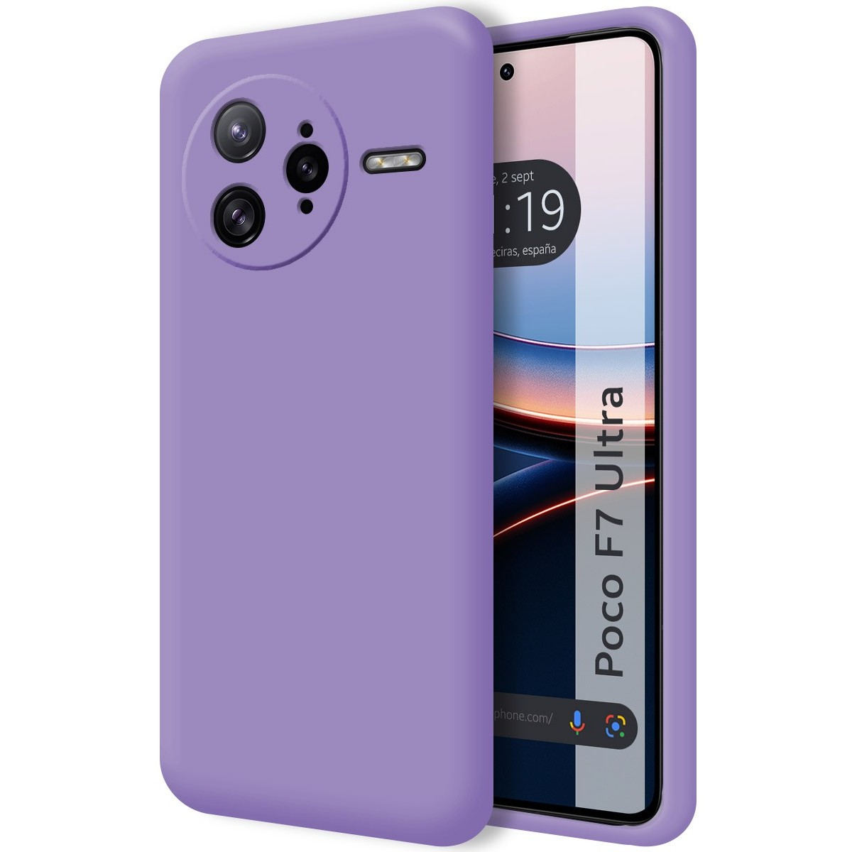 Custodia viola con schermo del telefono visibile.