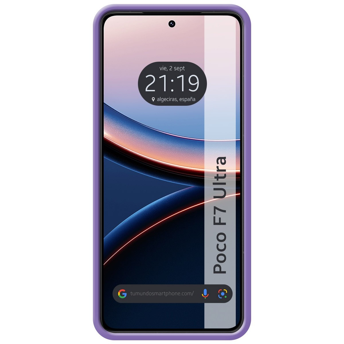 Custodia per telefono viola con schermo che mostra ora e luogo. Testo dice Poco F7 Ultra.