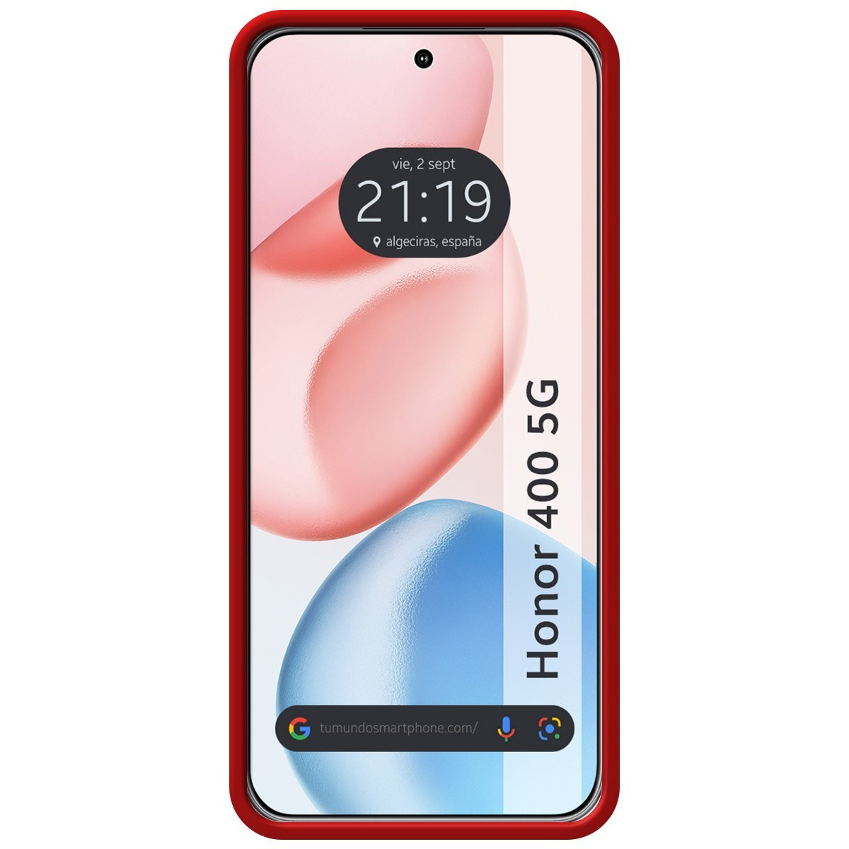 Custodia rossa con schermo del telefono visibile.
