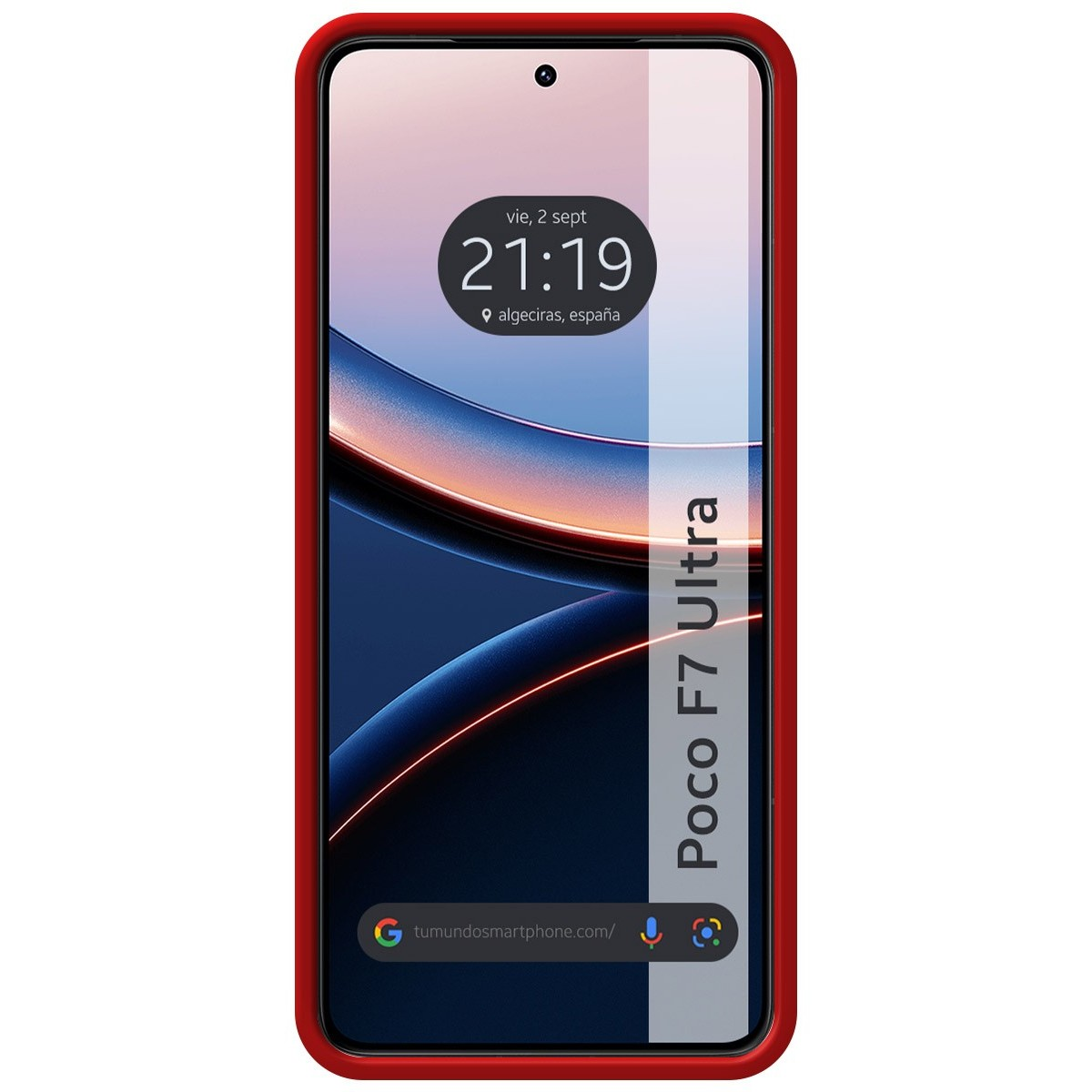 Un telefono con cornice rossa mostra uno schermo con ora e luogo. Il telefono è etichettato 'Poco F7 Ultra'.