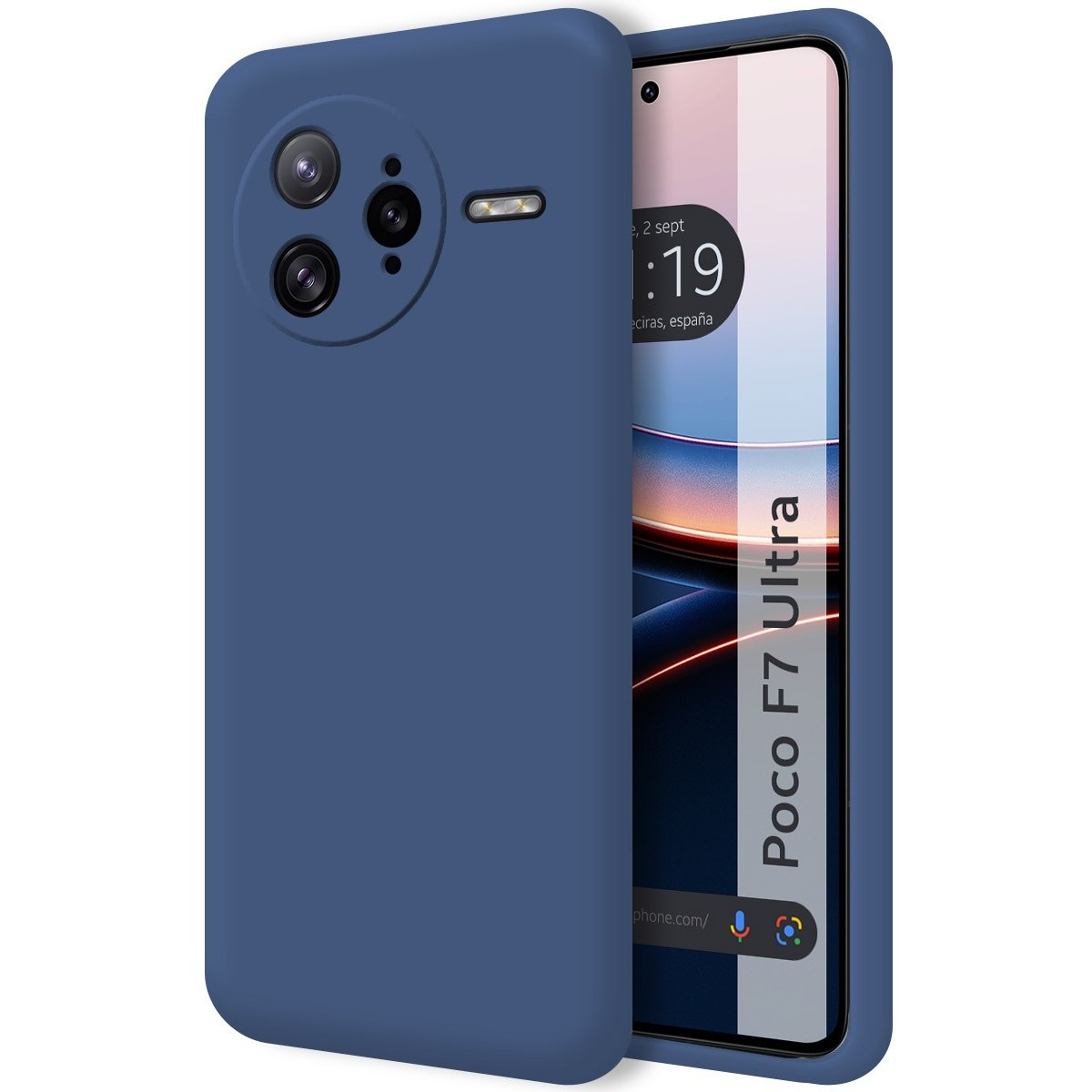 Una custodia per telefono blu con un telefono che mostra 'Poco F7 Ultra' e un modulo fotocamera.