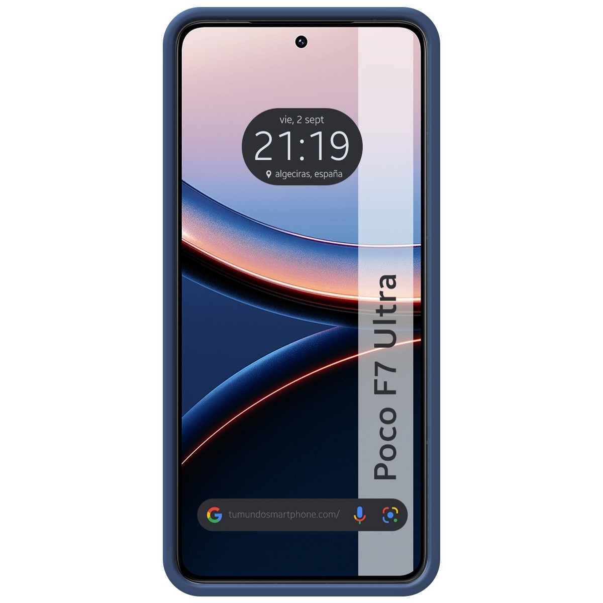 Un telefono con cornice blu mostra uno schermo con ora e luogo. Il telefono è etichettato 'Poco F7 Ultra'.