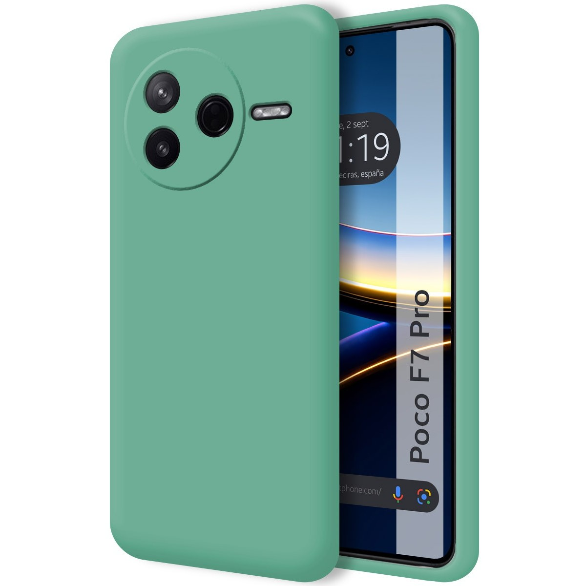 Custodia verde per telefono con un telefono che mostra l'ora e le parole Poco F7 Pro. La custodia è verde.
