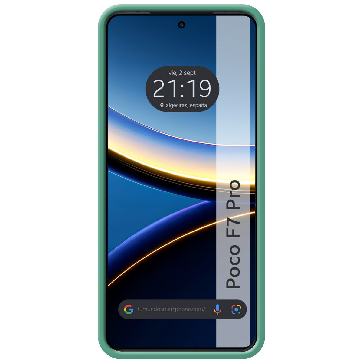 Una custodia verde con uno schermo del telefono che mostra l'ora e la posizione e il testo "Poco F7 Pro".
