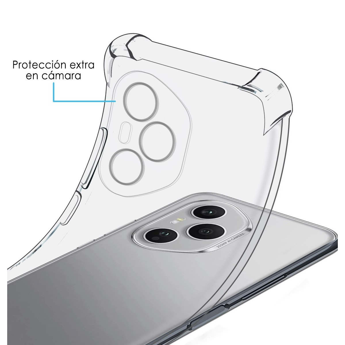 Custodia trasparente che protegge un telefono, con testo sulla protezione della fotocamera.