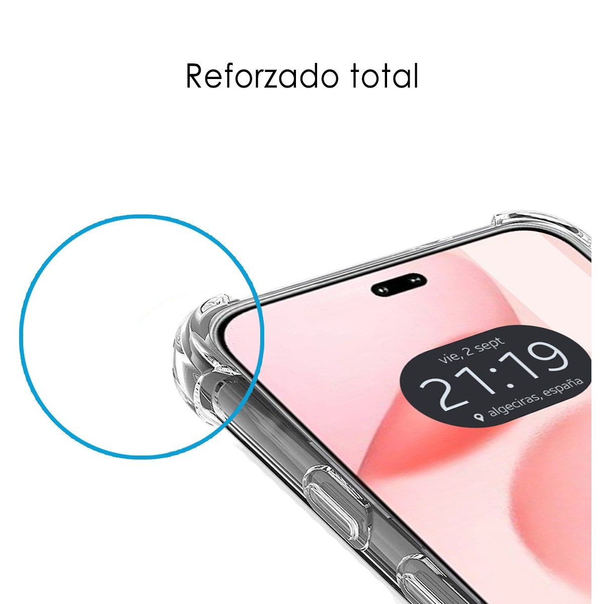 Un primo piano di un telefono dentro una custodia trasparente. Lo schermo mostra l'ora.