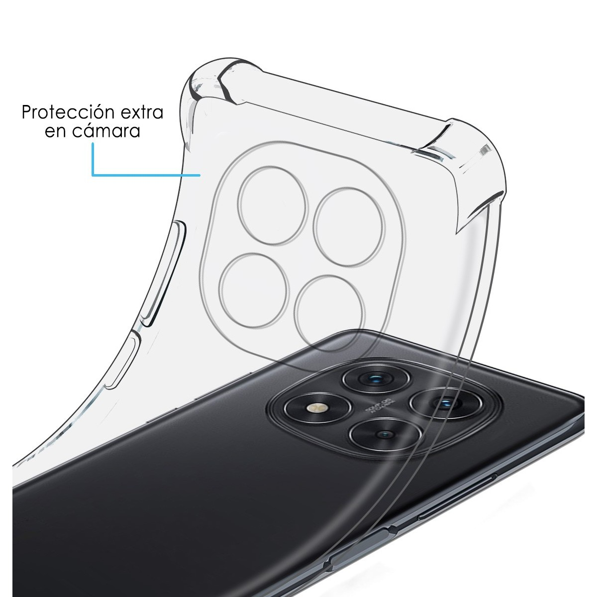 Una custodia per telefono con una vista ravvicinata del telefono e una custodia protettiva trasparente.
