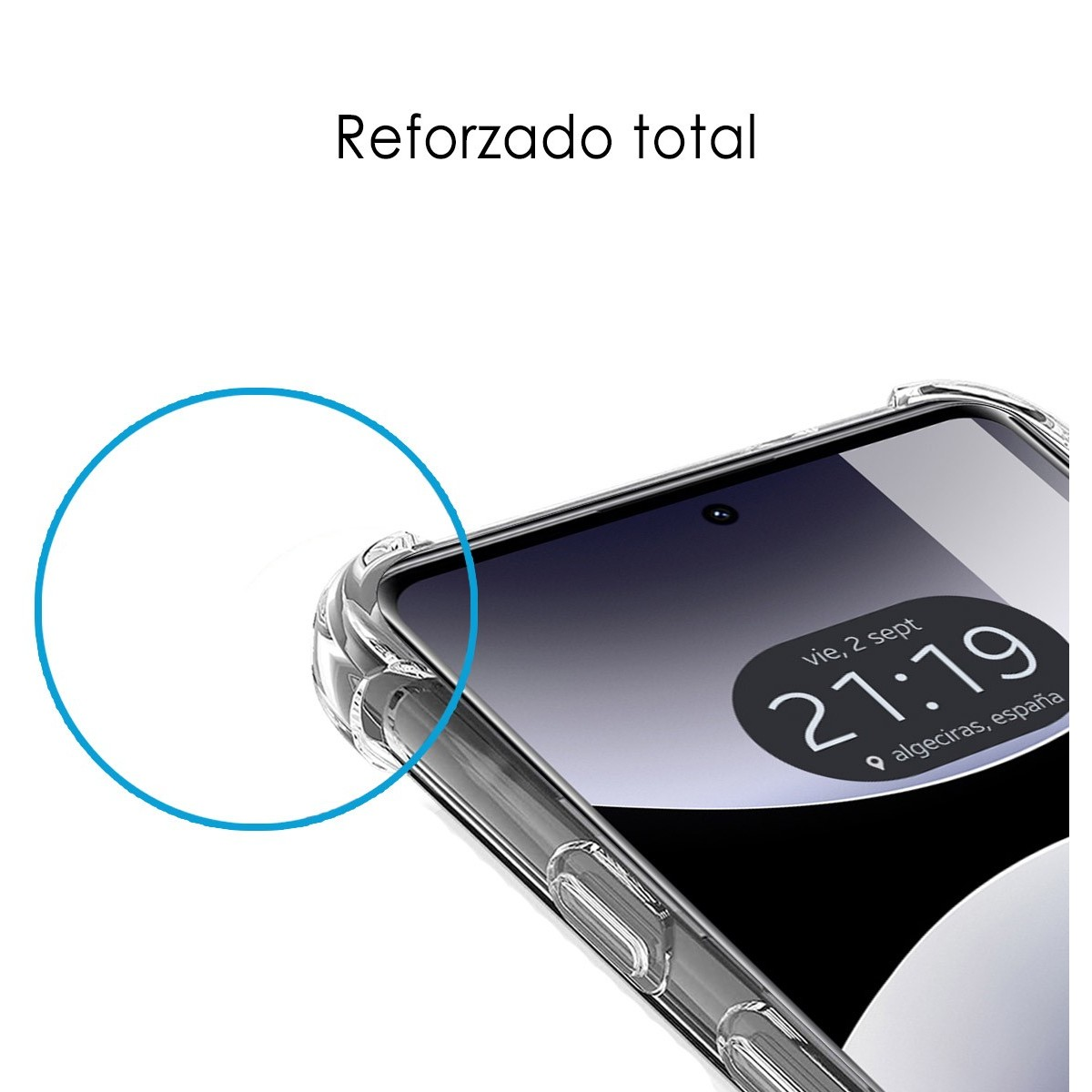 Una vista ravvicinata di una custodia per telefono, con bordi rinforzati, un cerchio blu e testo.