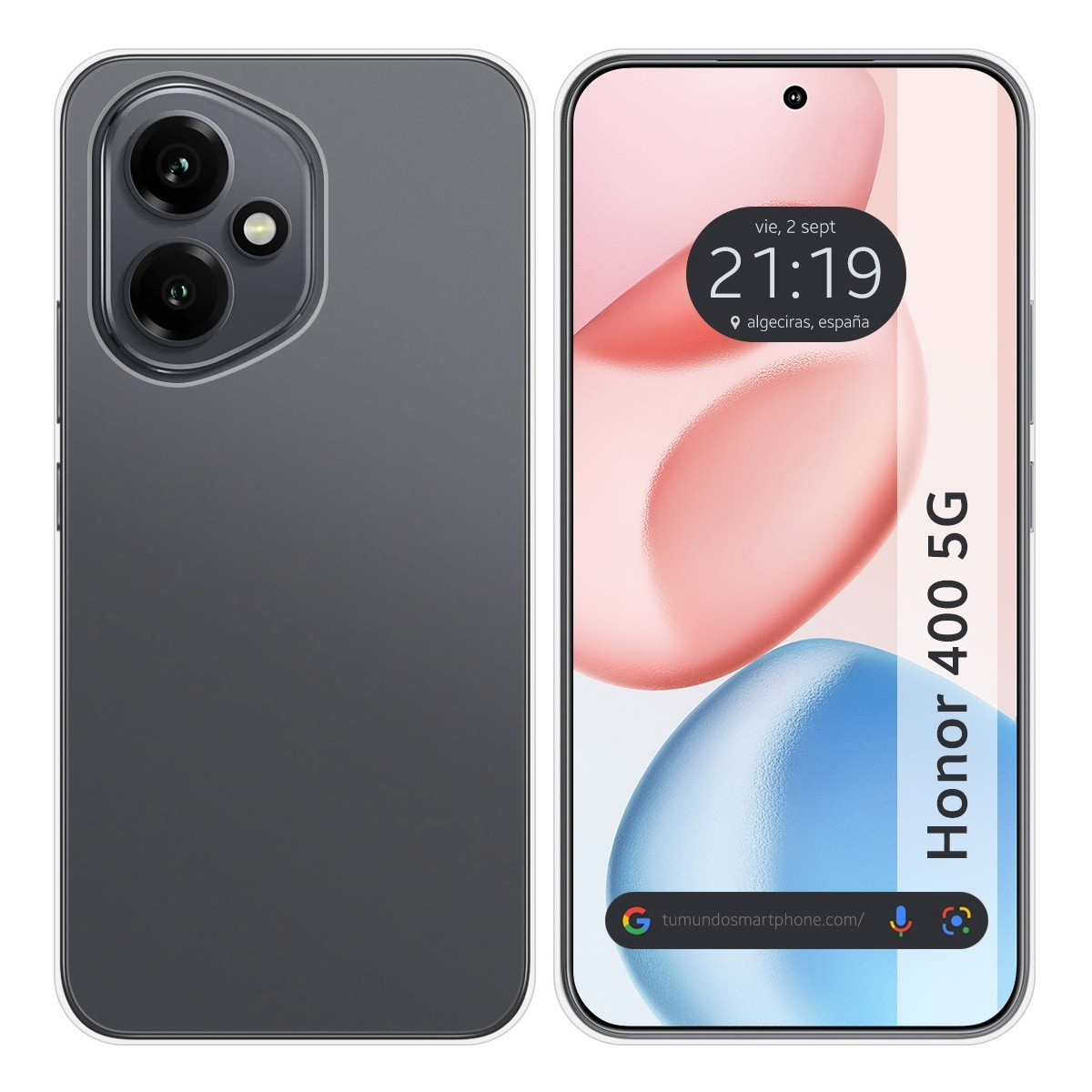 Una custodia per telefono con un design elegante e un telefono che mostra l'ora e il luogo.