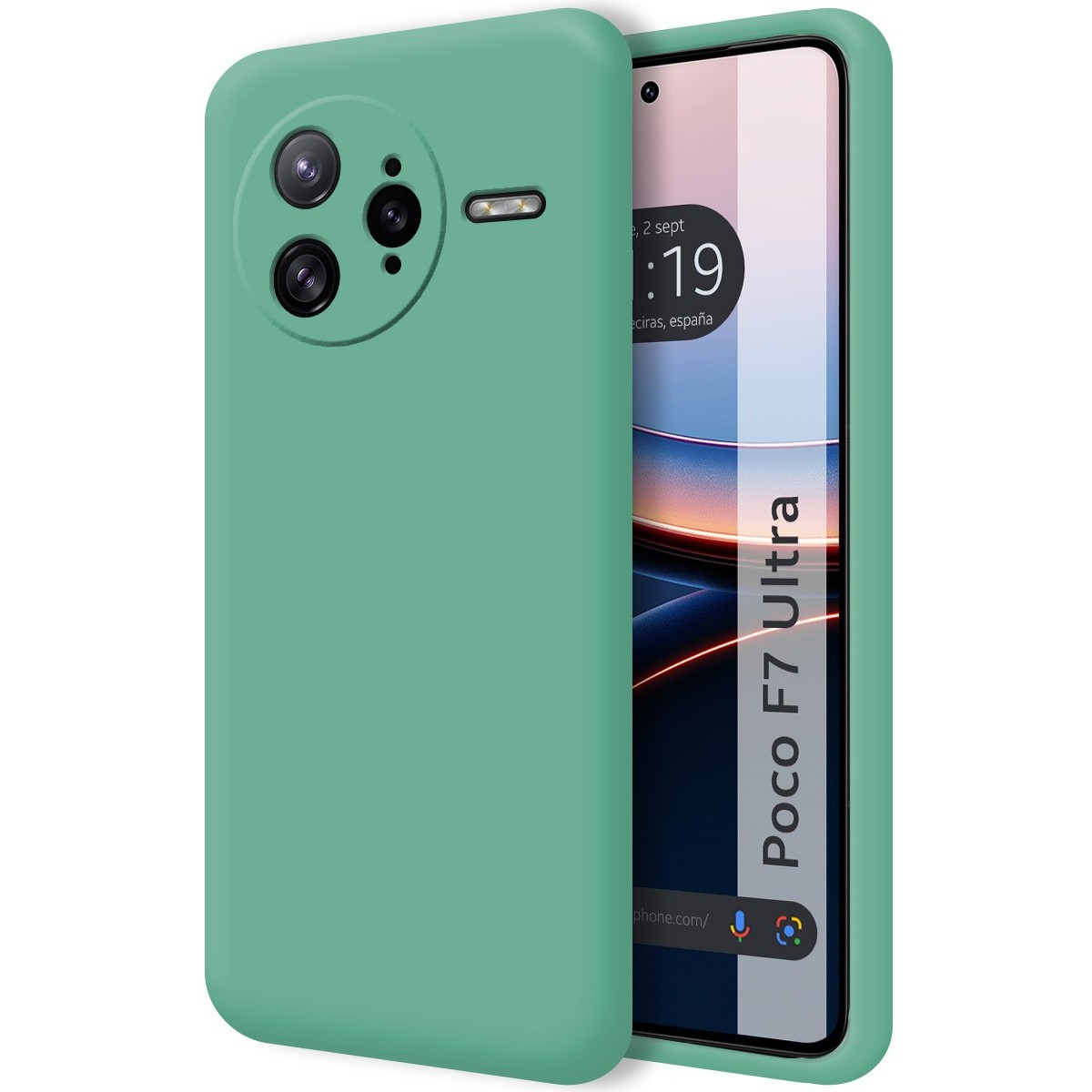 Custodia per telefono con telefono, custodia verde e testo: Poco F7 Ultra.