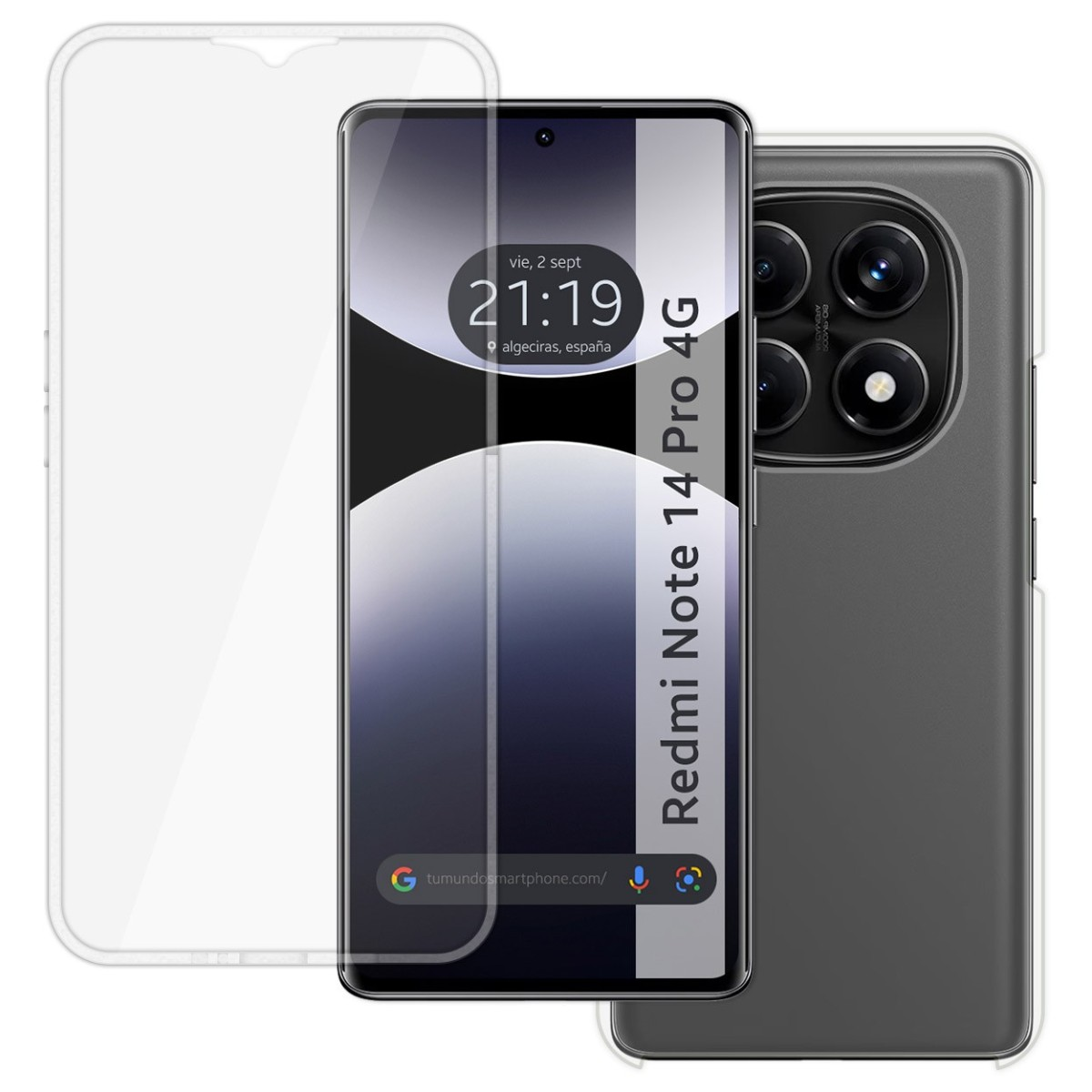 Uno smartphone con protezione schermo, mostra l'ora e un sito web, e il testo Redmi Note 14 Pro 4G.