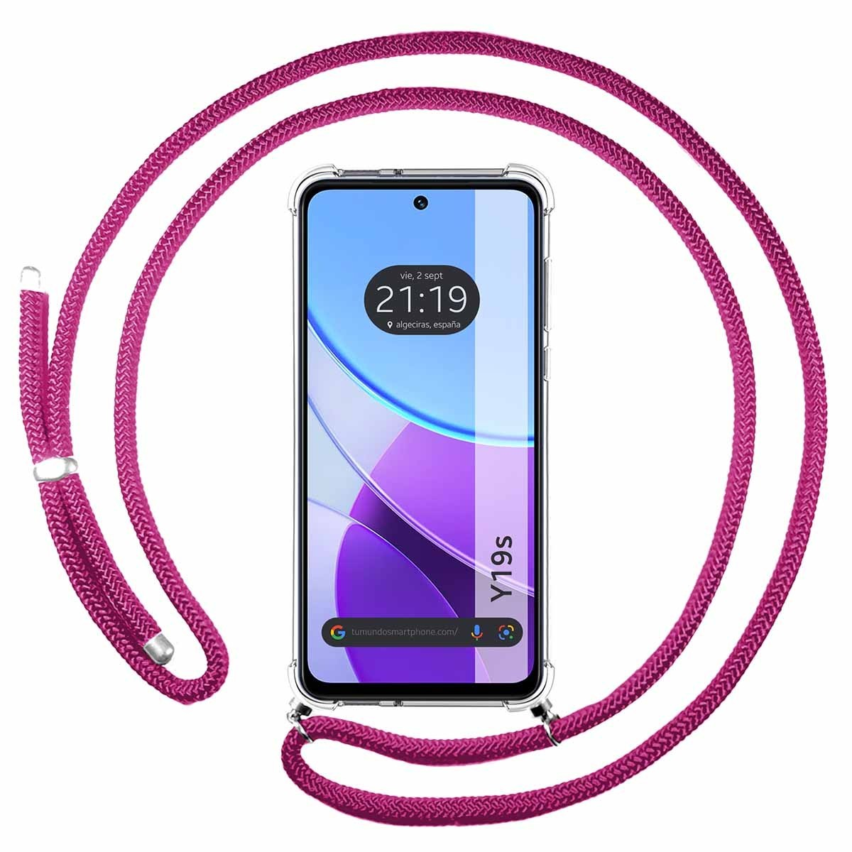 Telefono con cordino rosa, che mostra ora e luogo sullo schermo, appeso a una cinghia rosa.
