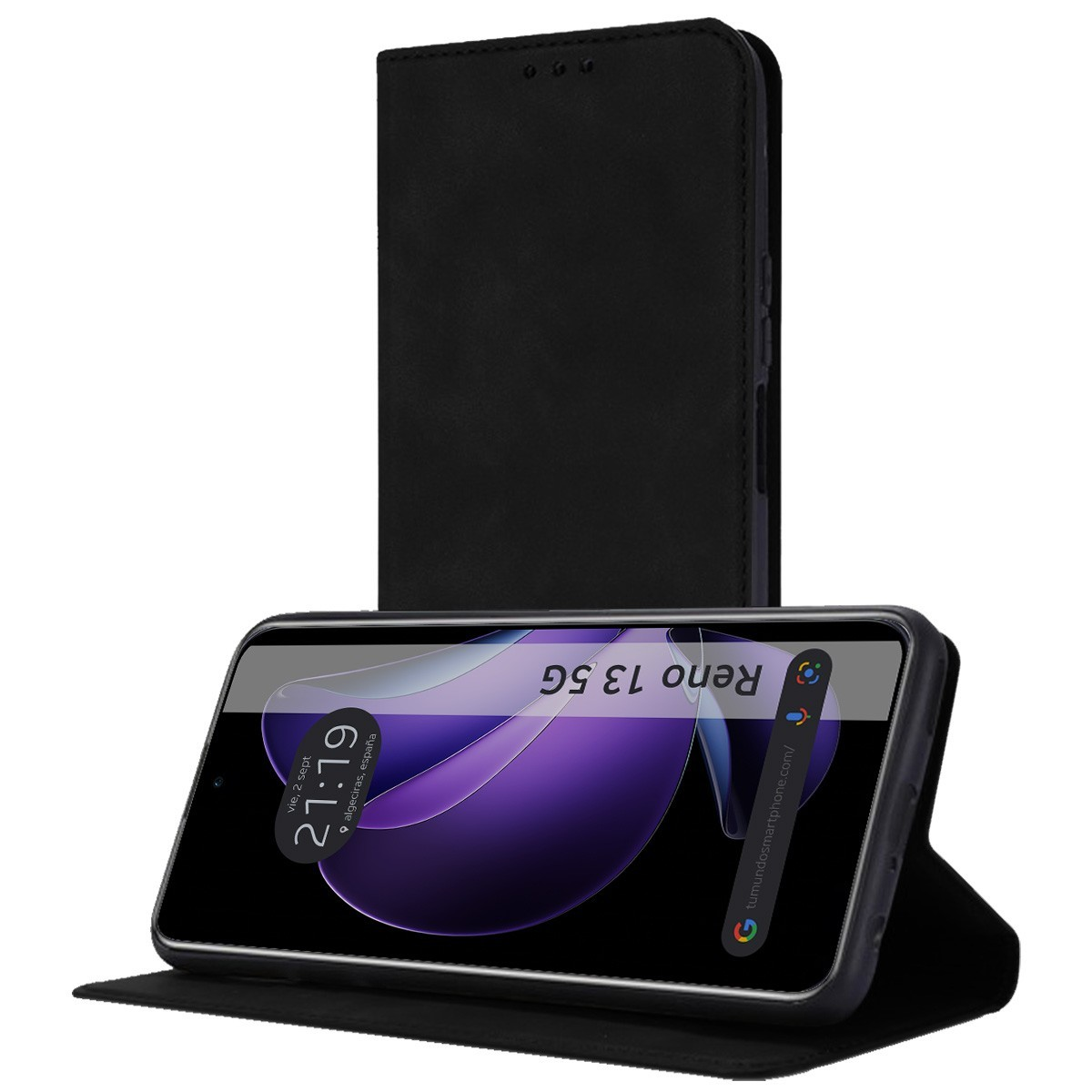 Custodia per telefono nera aperta, che mostra un telefono con schermo viola. Schermo mostra ora e luogo.