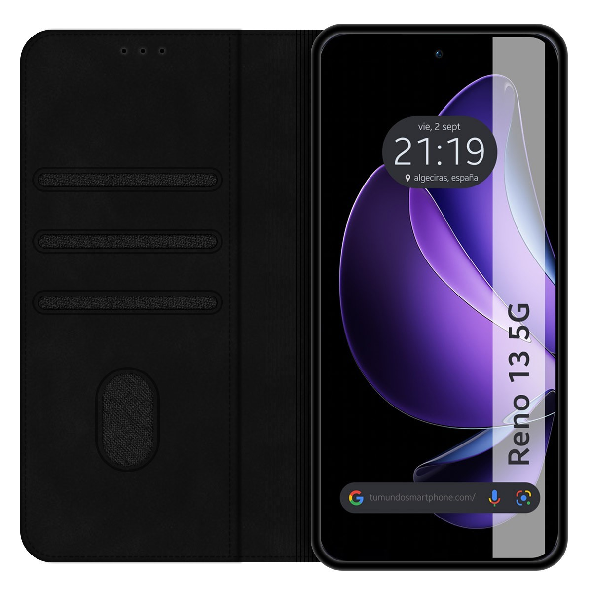 Custodia nera per telefono, aperta, che mostra lo schermo con ora e luogo. È un modello Reno 13 5G.