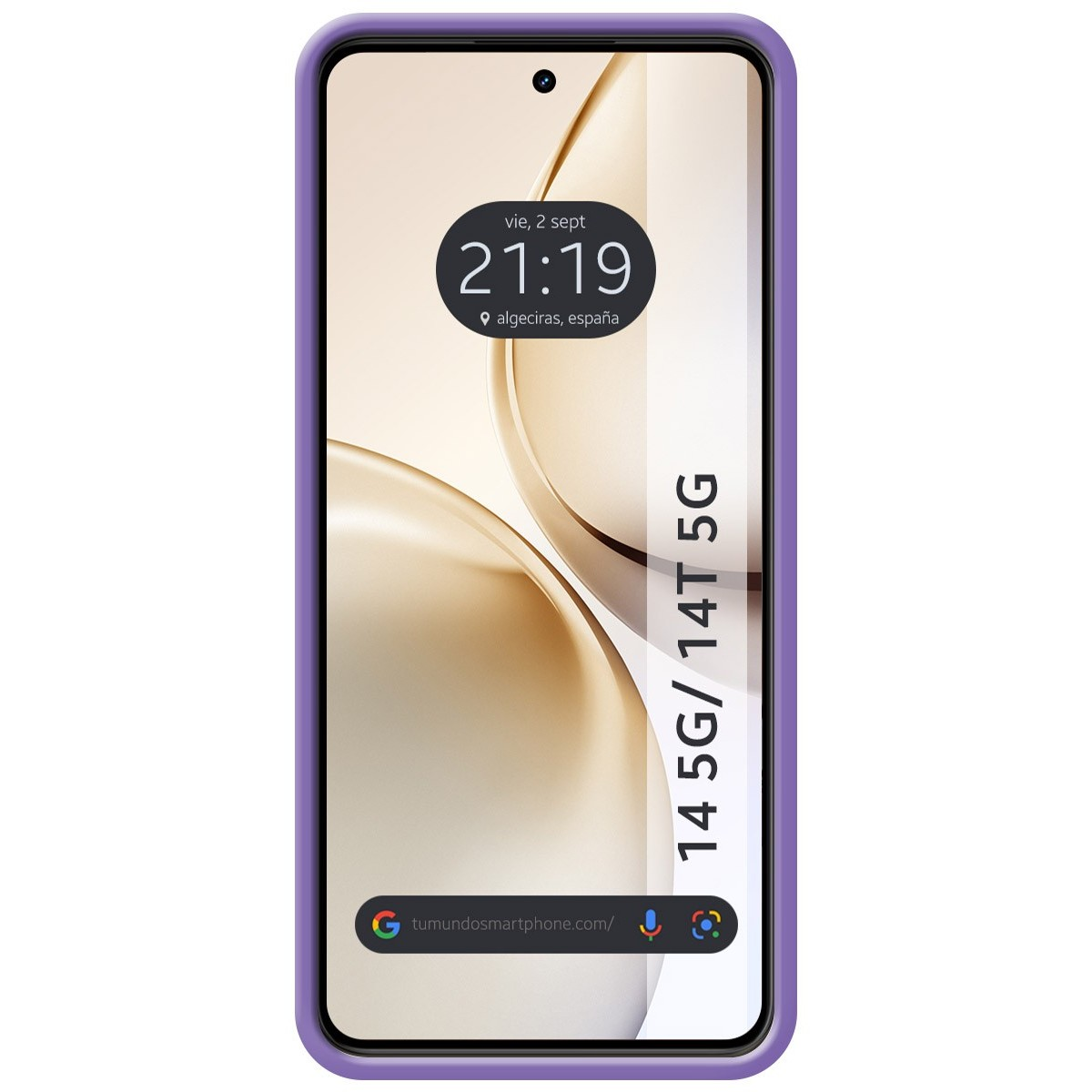 Telefono in una custodia viola. Lo schermo del telefono mostra l'ora e il luogo.