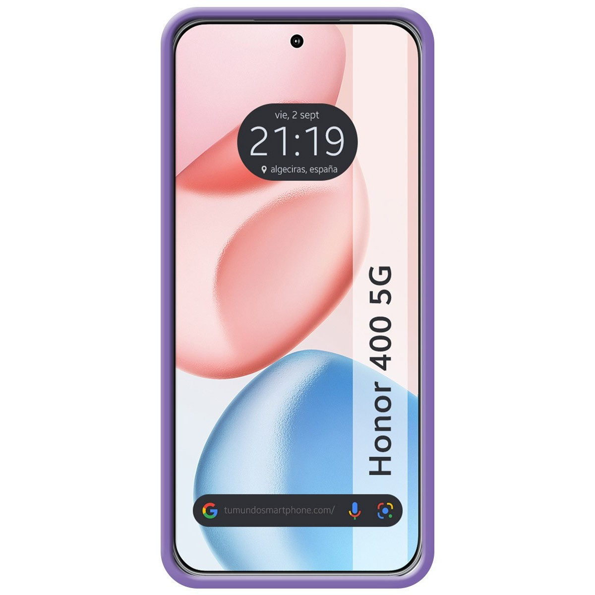Telefono con custodia viola, che mostra l'ora e la posizione sullo schermo.