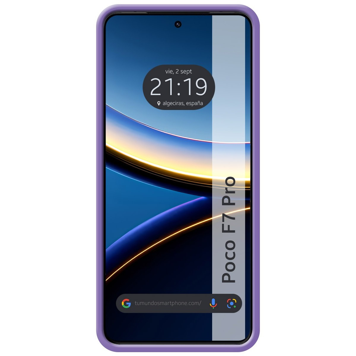 Smartphone in custodia viola, con l'ora visualizzata. Lo schermo mostra un design blu.