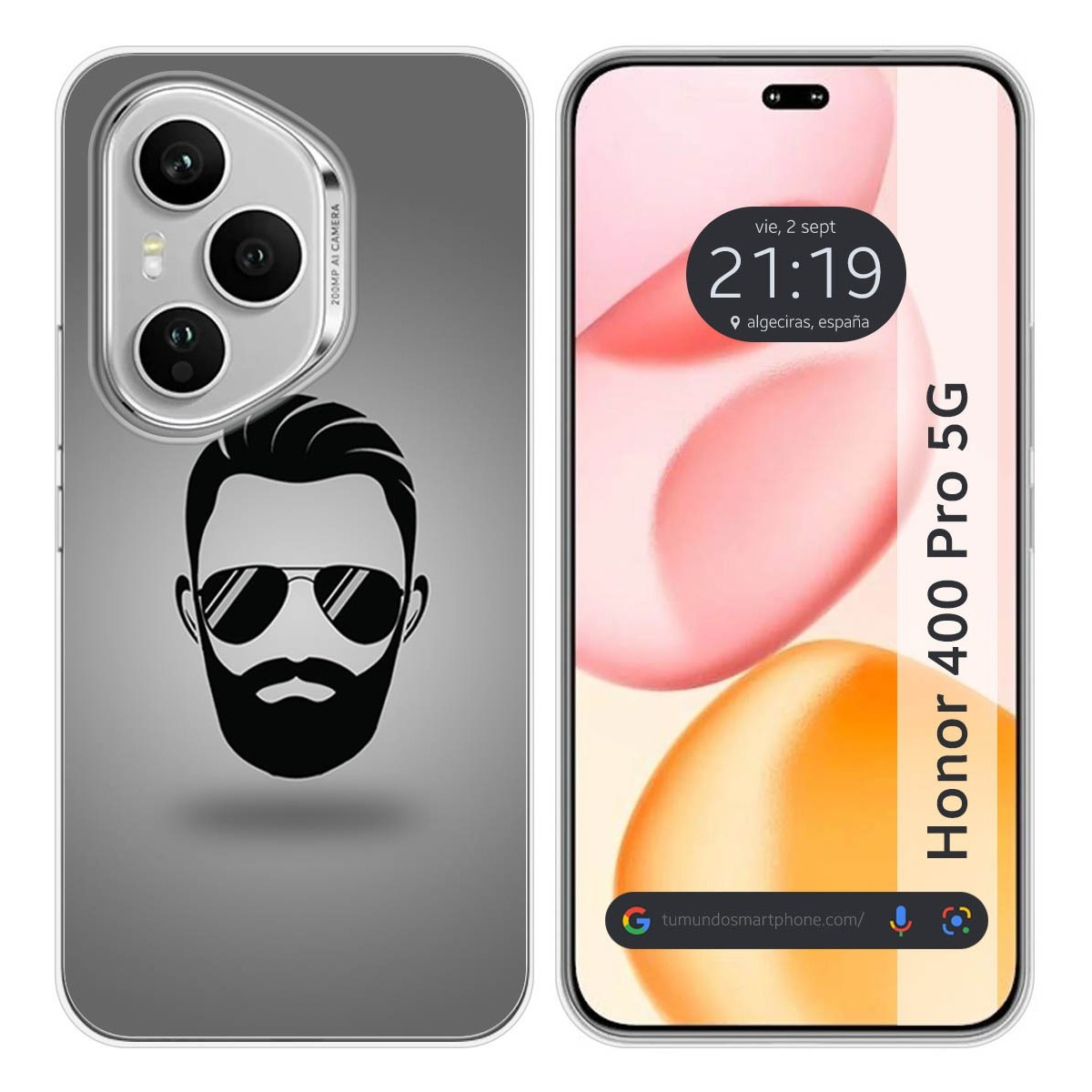 Funda de teléfono con un hombre barbudo negro con gafas de sol. La pantalla muestra hora y ubicación.