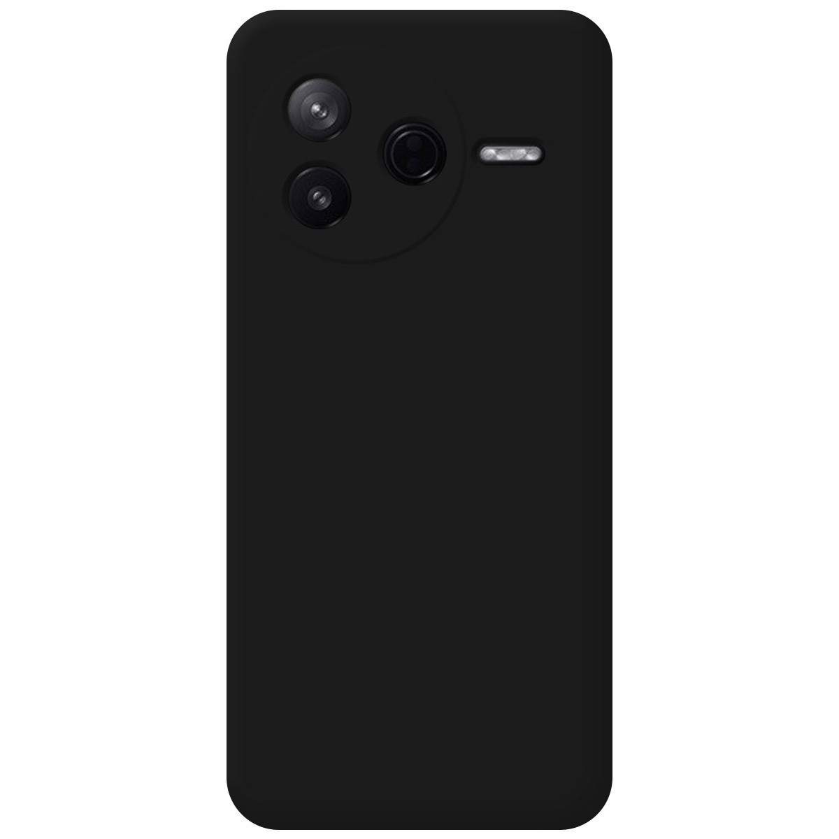 Custodia per telefono nera con ritagli per la fotocamera. La superficie posteriore è liscia.
