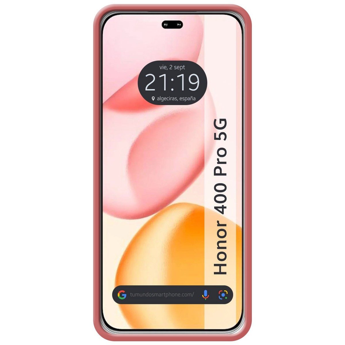 Custodia per telefono rosa con schermo che mostra un orologio digitale e 'Honor 400 Pro 5G'.