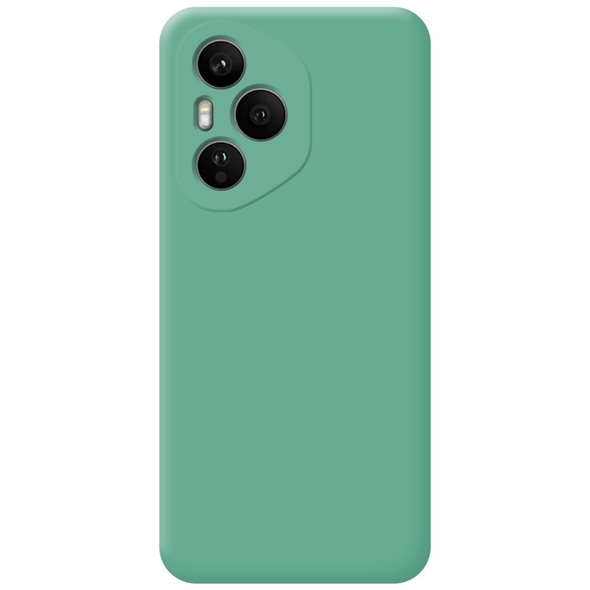 Custodia verde per telefono con tre obiettivi. La custodia è in materiale strutturato.