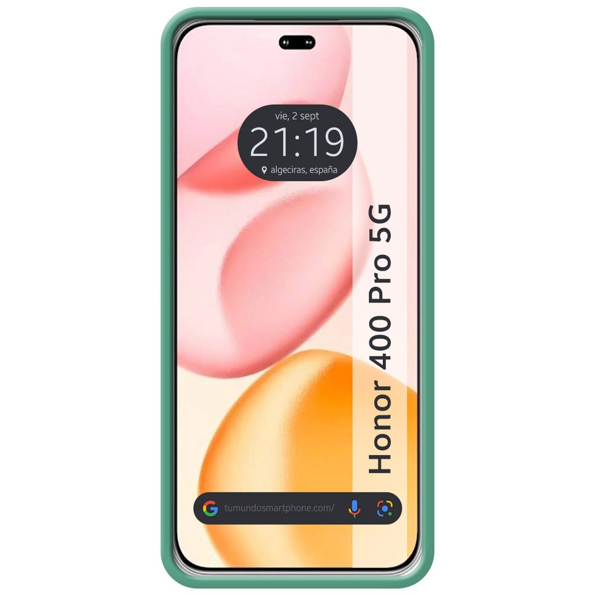 Custodia verde con schermo che mostra orologio e le parole 'Honor 400 Pro 5G'.