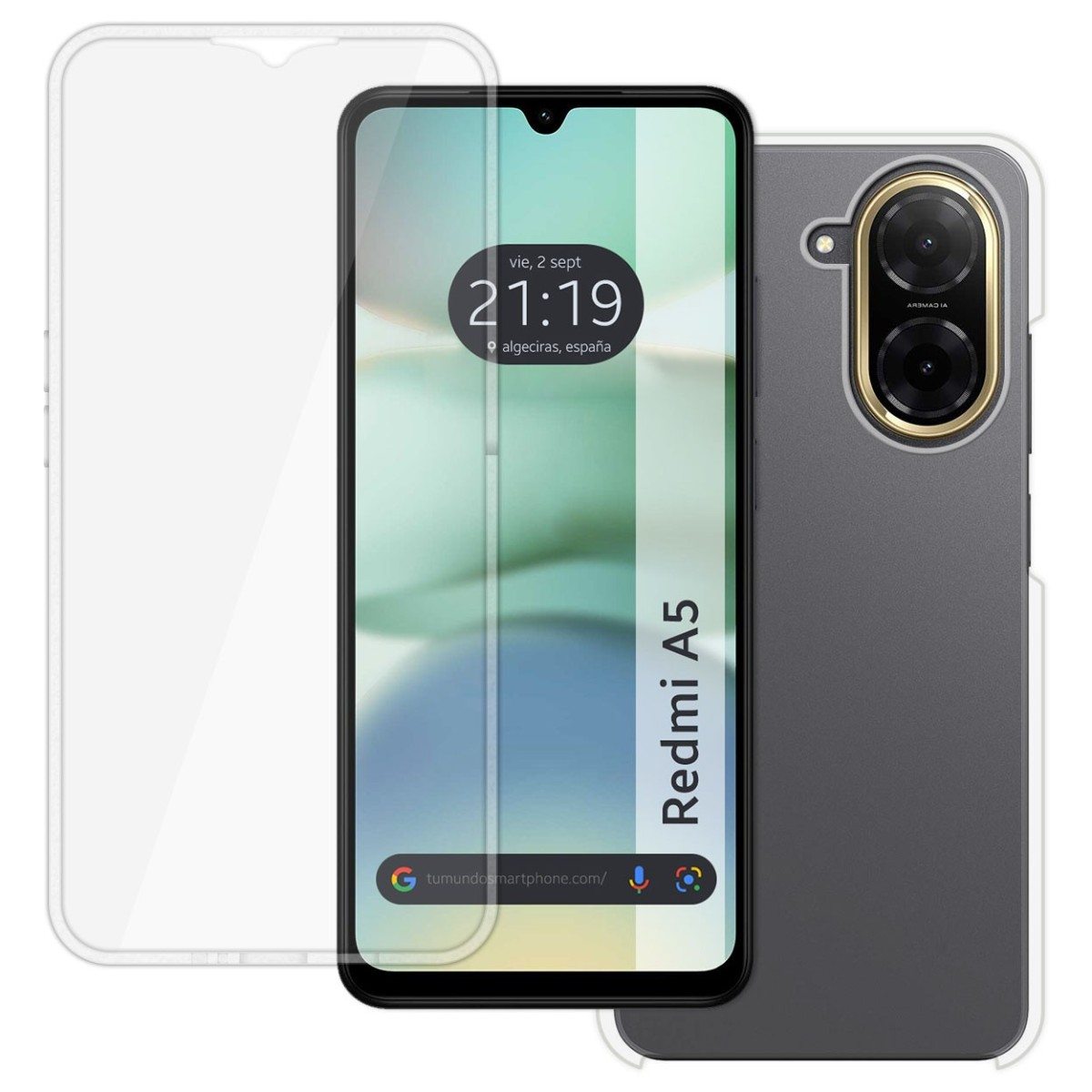 Teléfono con protector de pantalla. Pantalla muestra hora y ubicación. Carcasa Redmi A5 a la derecha.