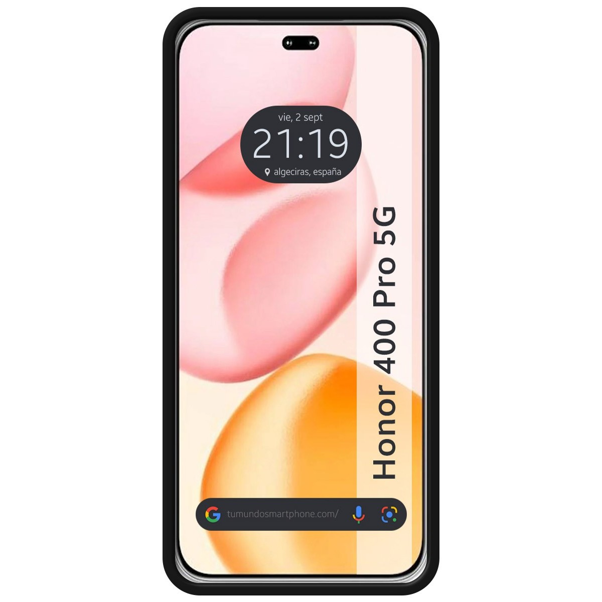 Telefono con custodia nera. Il display mostra ora e luogo, Honor 400 Pro 5G.