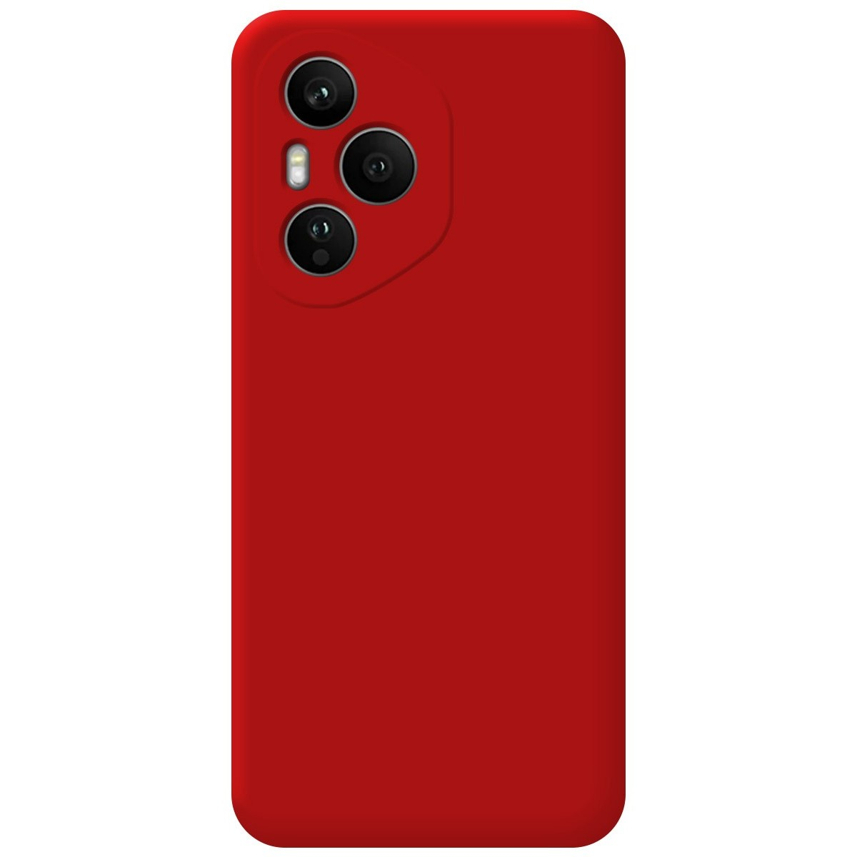Custodia per telefono rossa con design a tripla fotocamera sul retro.