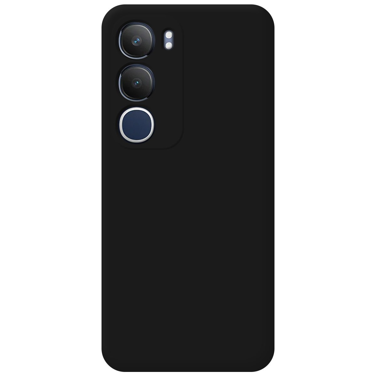 Una custodia per telefono nera con due fotocamere e un cerchio sul retro. Il telefono è nero.